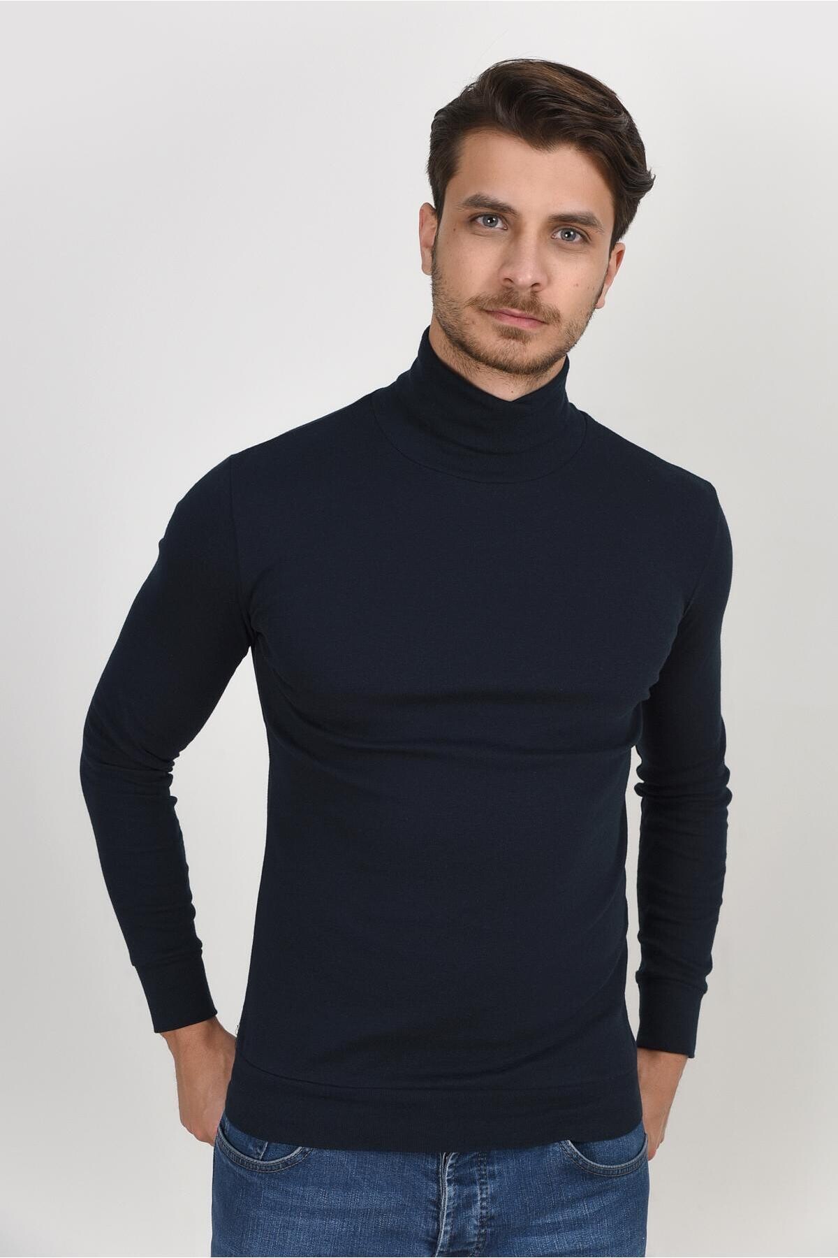 Süperlife Balıkcı Yaka Uzun Kollu Dar Kalıp İnce Erkek Sweatshirt SPR 2019K21