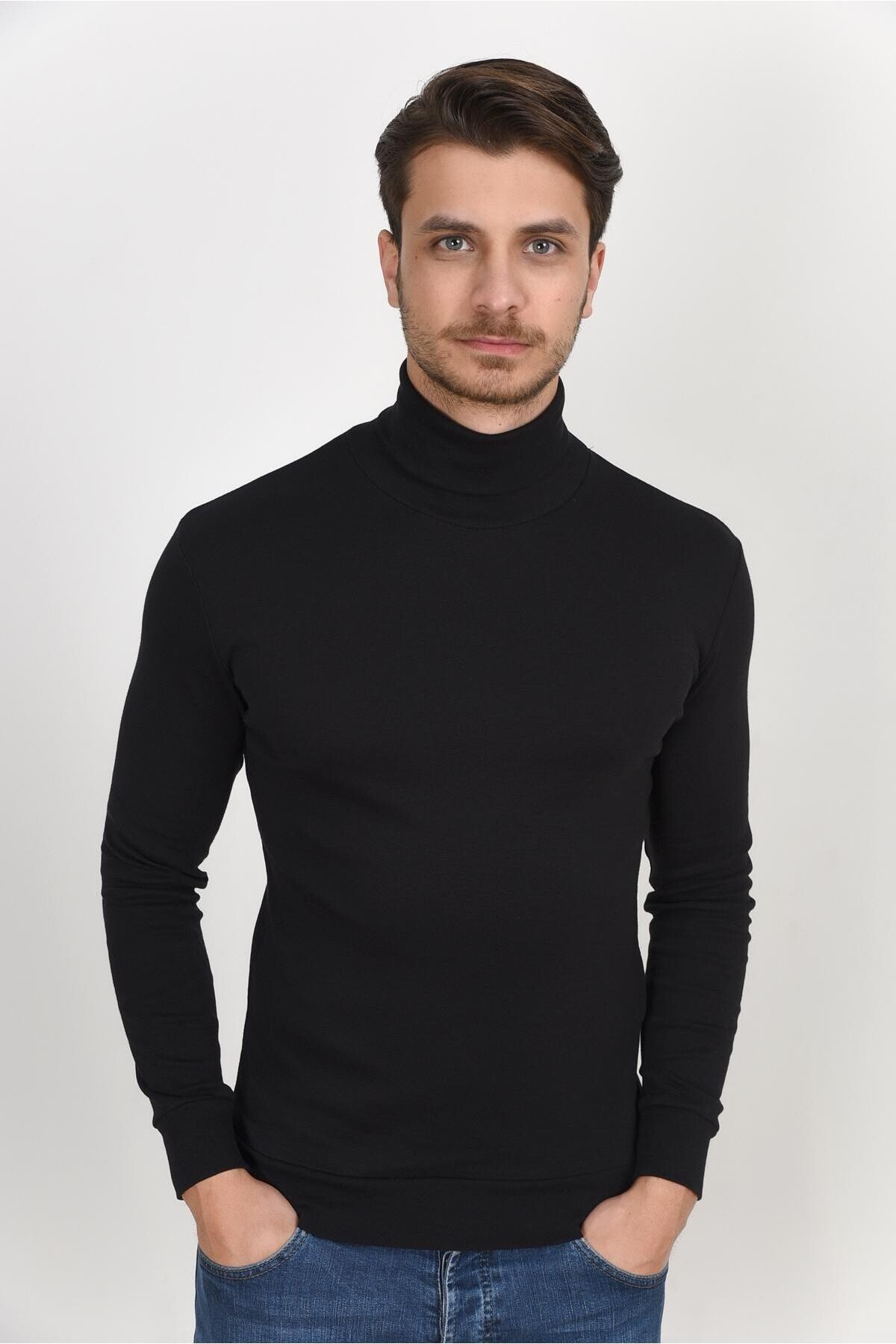 Süperlife Balıkcı Yaka Uzun Kollu Dar Kalıp İnce Erkek Sweatshirt SPR 2019K21