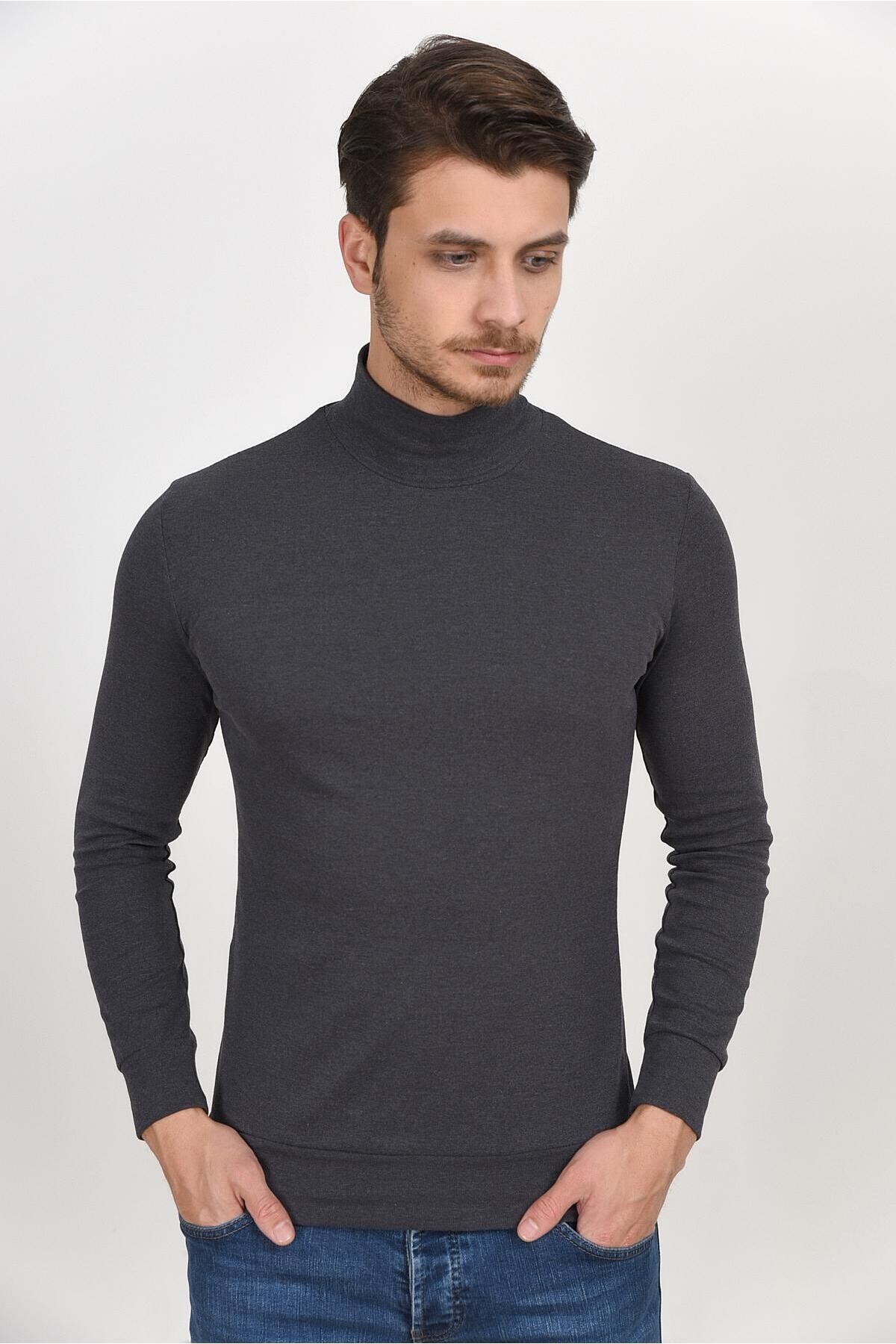 Süperlife Balıkcı Yaka Uzun Kollu Dar Kalıp İnce Erkek Sweatshirt SPR 2019K21