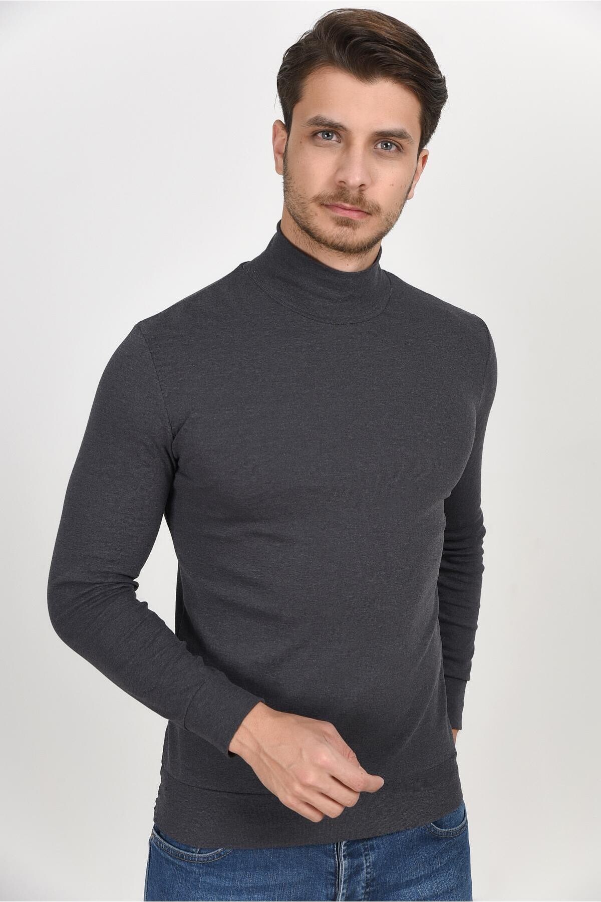 Süperlife Balıkcı Yaka Uzun Kollu Dar Kalıp İnce Erkek Sweatshirt SPR 2019K21