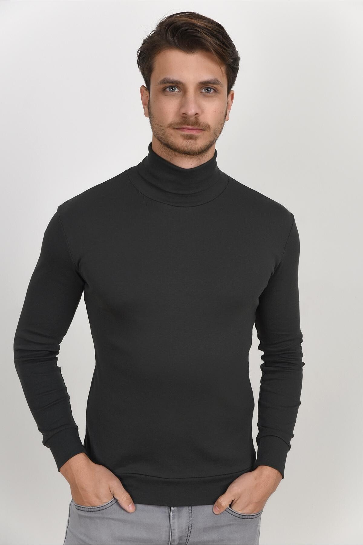 Süperlife Balıkcı Yaka Uzun Kollu Dar Kalıp İnce Erkek Sweatshirt SPR 2019K21