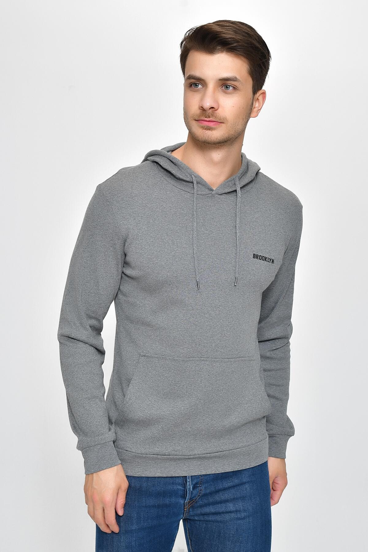 Süperlife Kapşonlu Uzun Kollu Baskılı Dar Kalıp İnce Erkek Sweatshirt 2019K26