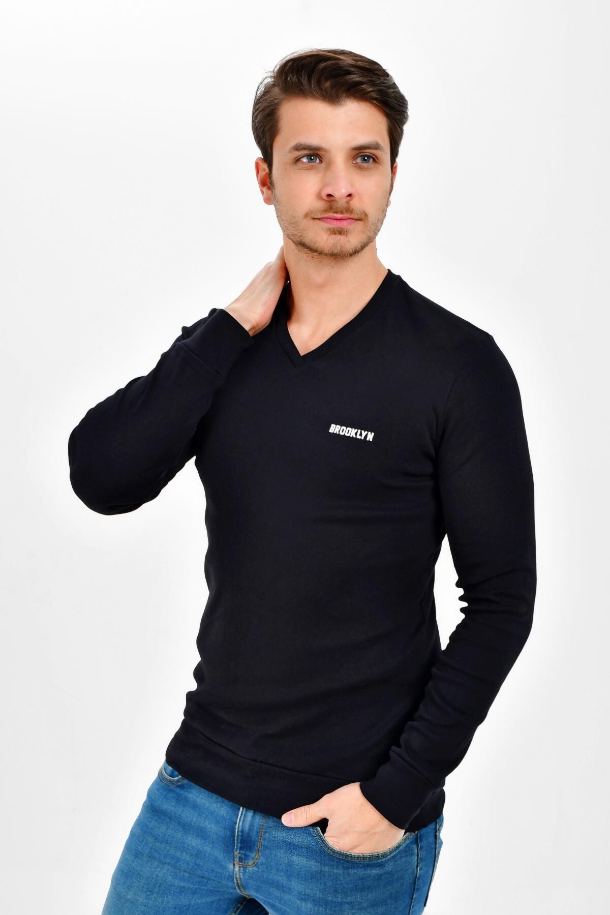 Süperlife V Yaka Uzun Kollu Dar Kalıp İnce Erkek Sweatshirt SPR 2019K19