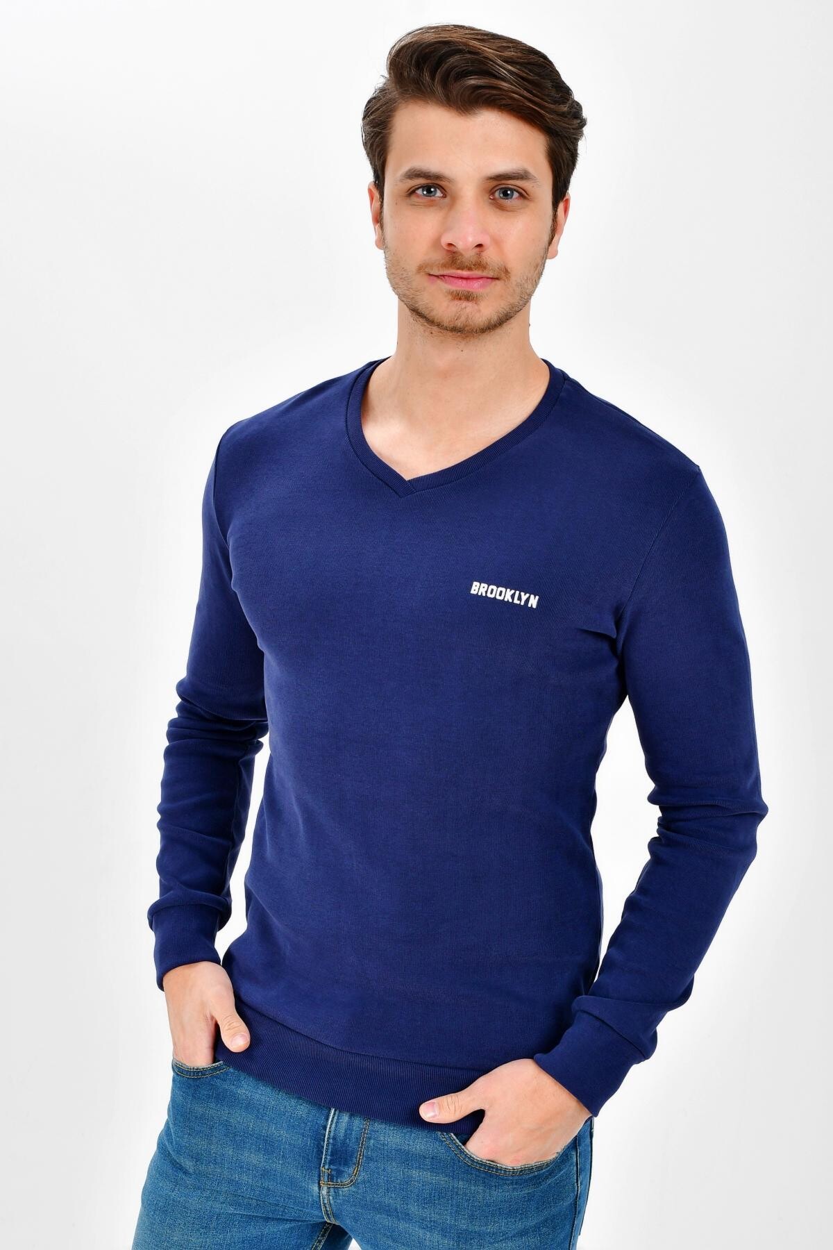 Süperlife V Yaka Uzun Kollu Dar Kalıp İnce Erkek Sweatshirt SPR 2019K19