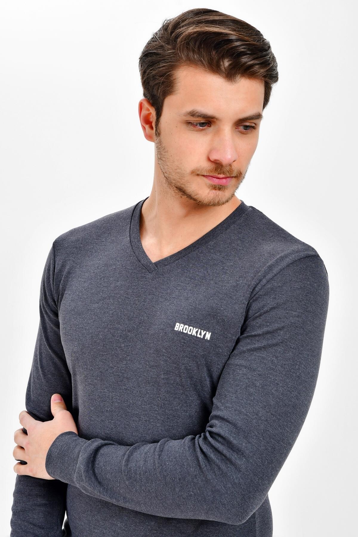 Süperlife V Yaka Uzun Kollu Dar Kalıp İnce Erkek Sweatshirt SPR 2019K19