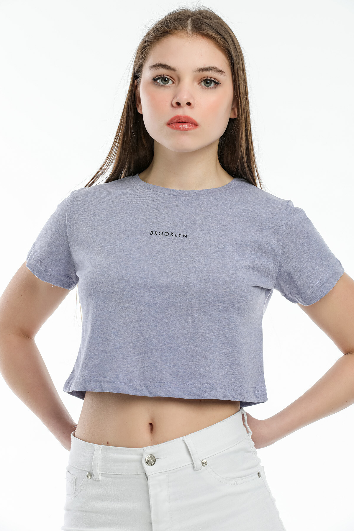 Süperlife Kadın Bisiklet Yaka Slim Fit Brookyn Baskılı Tişort SPR21Y14
