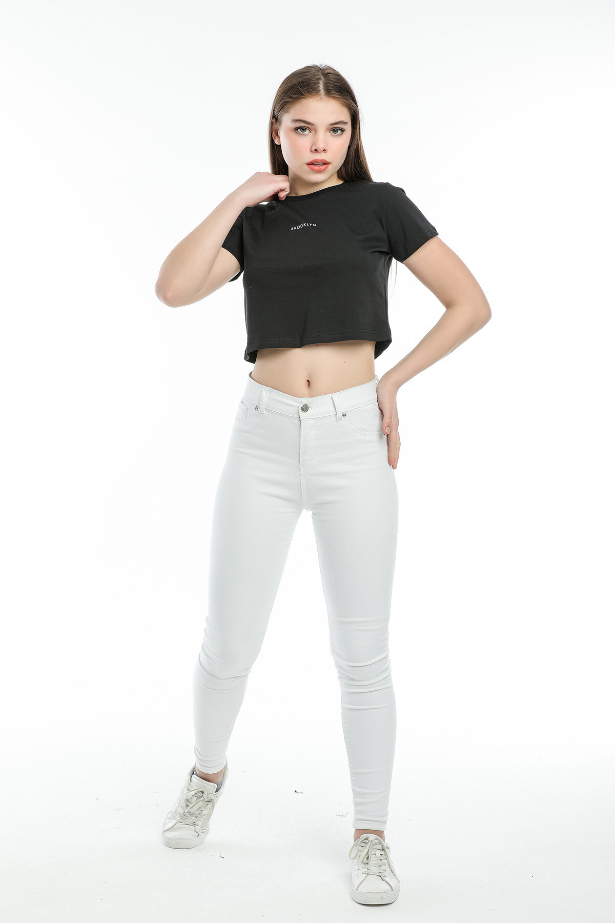 Süperlife Kadın Bisiklet Yaka Slim Fit Brookyn Baskılı Tişort SPR21Y14