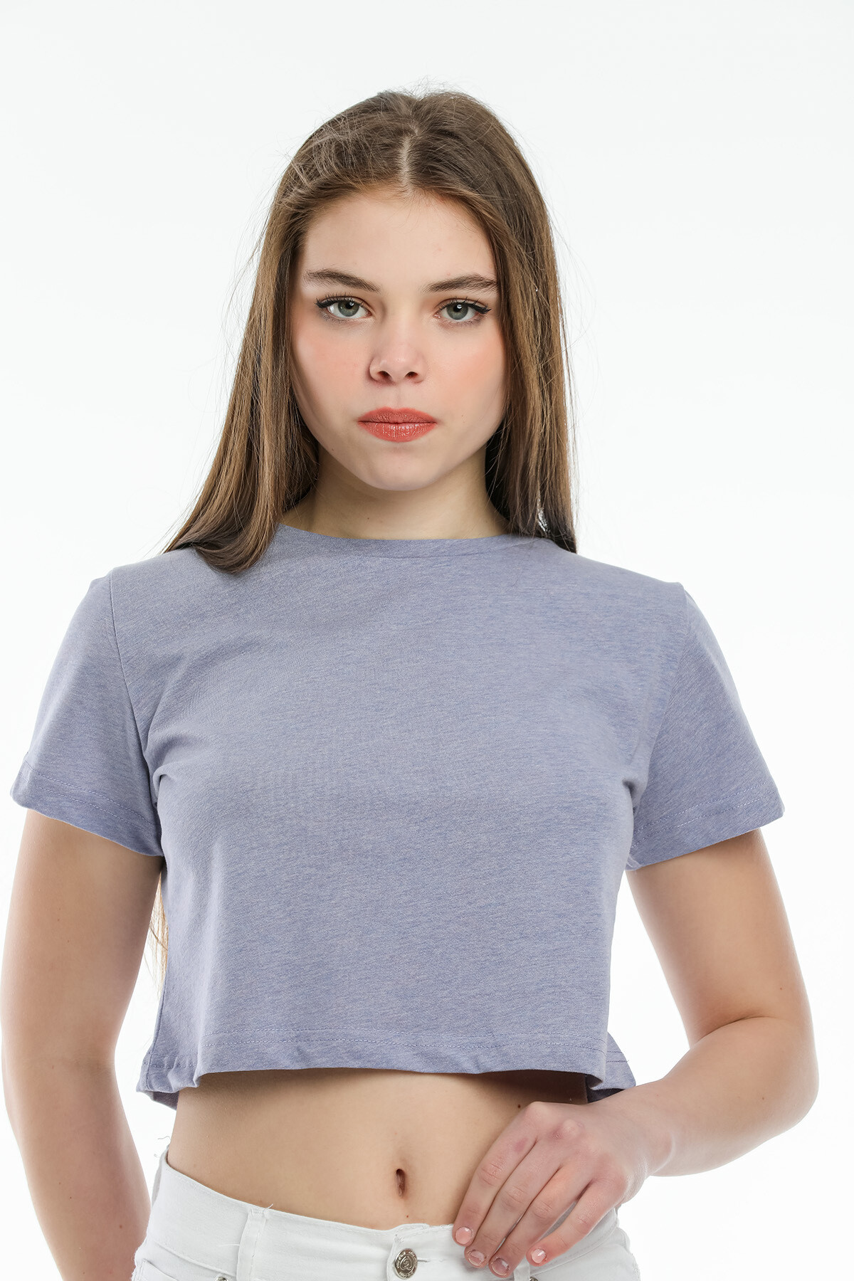 Süperlife Kadın Bisiklet Yaka Crop Örme Slim Fit Tişort SPR21Y13