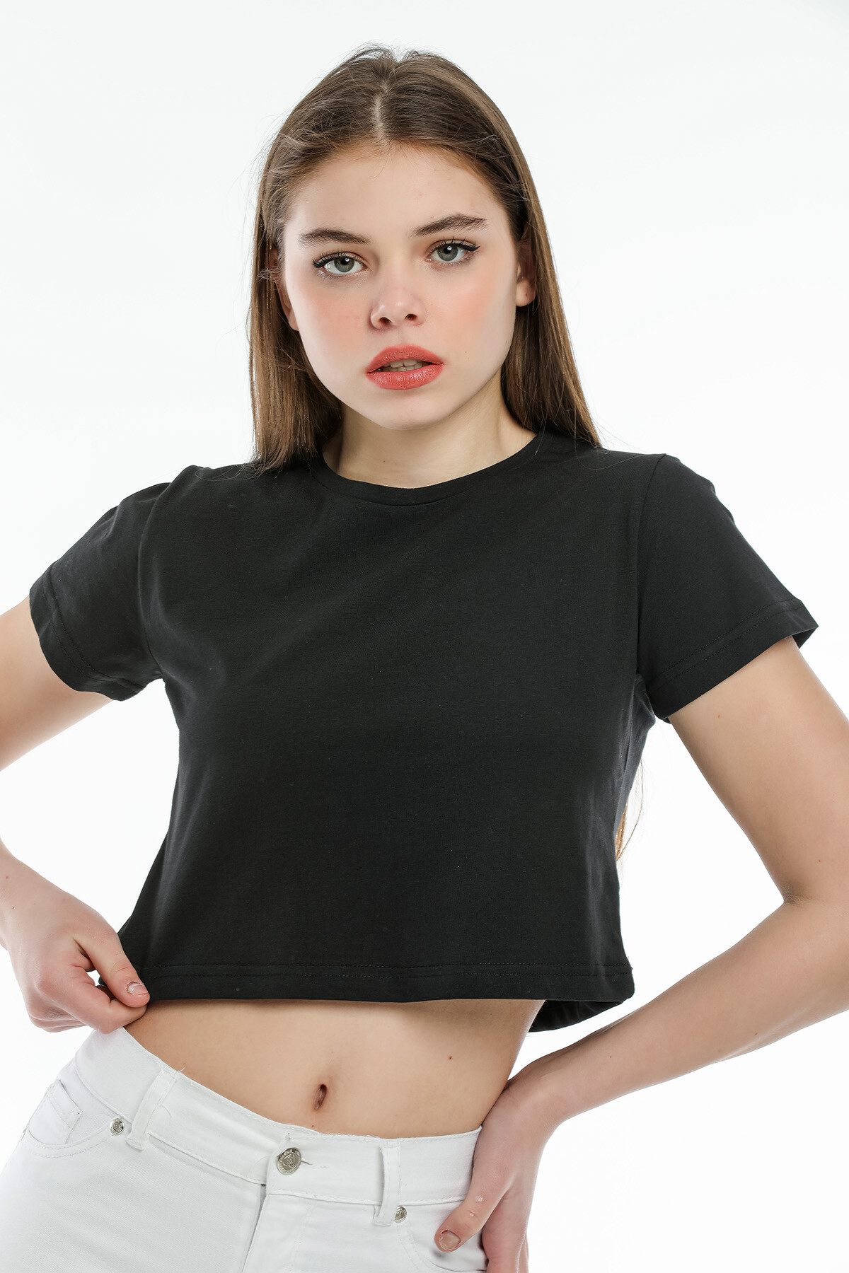 Süperlife Kadın Bisiklet Yaka Crop Örme Slim Fit Tişort SPR21Y13