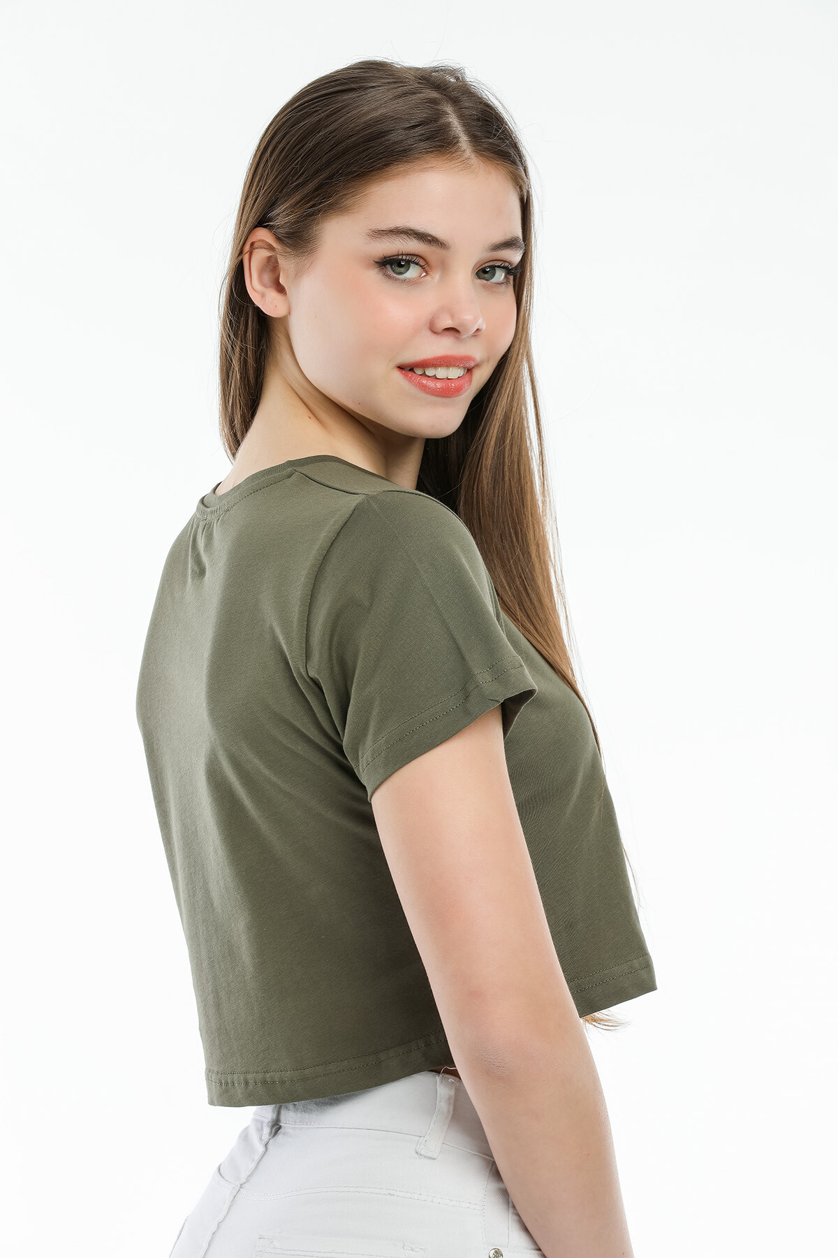 Süperlife Kadın Bisiklet Yaka Crop Örme Slim Fit Tişort SPR21Y13