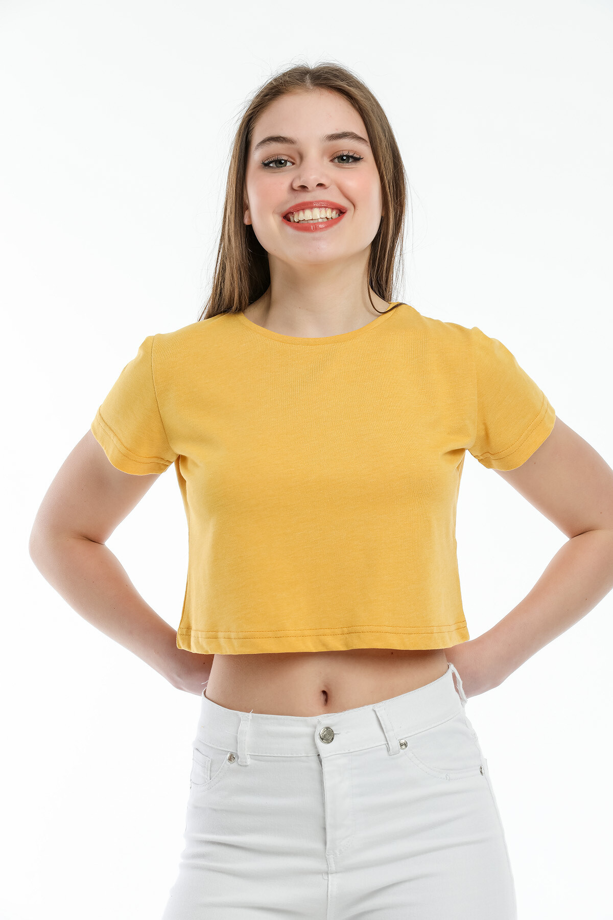 Süperlife Kadın Bisiklet Yaka Crop Örme Slim Fit Tişort SPR21Y13