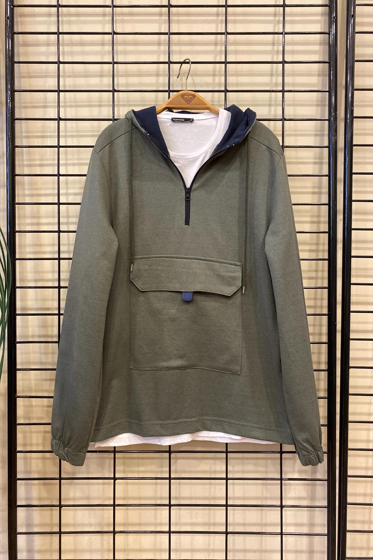 Süperlife Erkek Kapşonlu Yarım Fermuarlı İnce Sweatshirt SPR 20K52