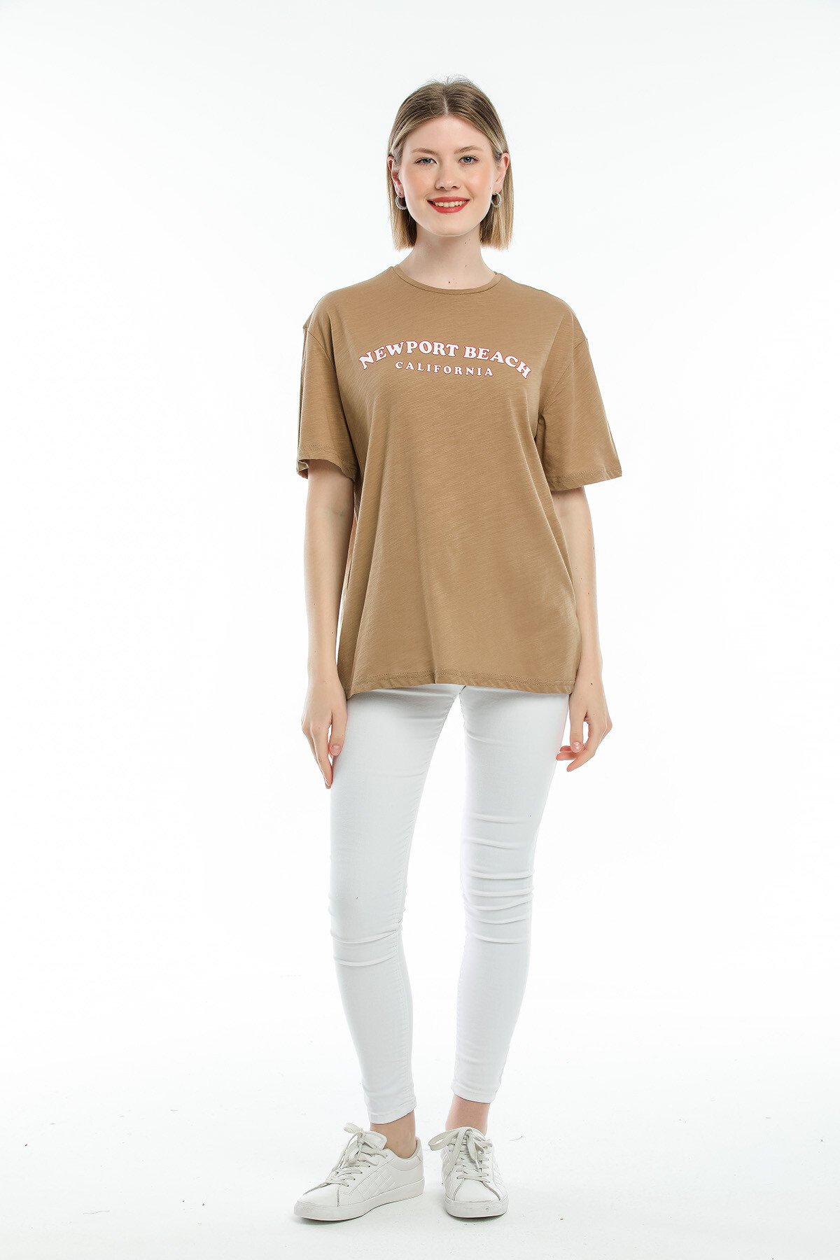 Kadın Bisiklet Yaka Oversize Fit Baskılı Tişort SPR21YK26