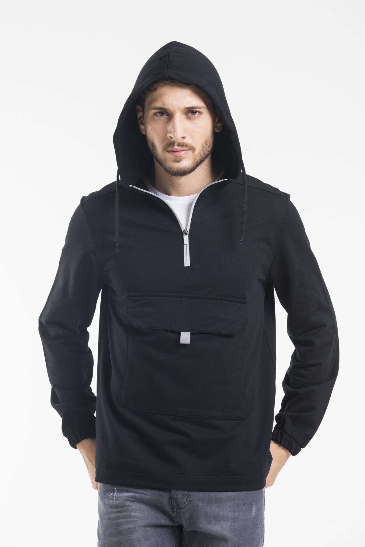 Süperlife Erkek Kapşonlu Yarım Fermuarlı İnce Sweatshirt SPR 20K52