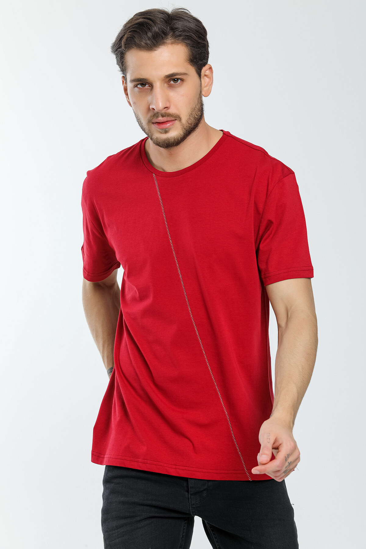 Süperlife Erkek Bisiklet Yaka Slim Fit Ön Çöp Dikiş Garni  Tişort SPR21Y01