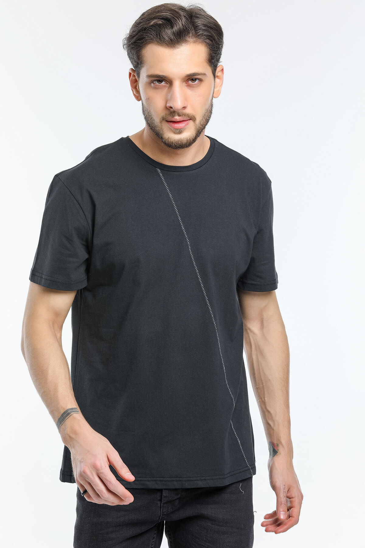 Süperlife Erkek Bisiklet Yaka Slim Fit Ön Çöp Dikiş Garni  Tişort SPR21Y01
