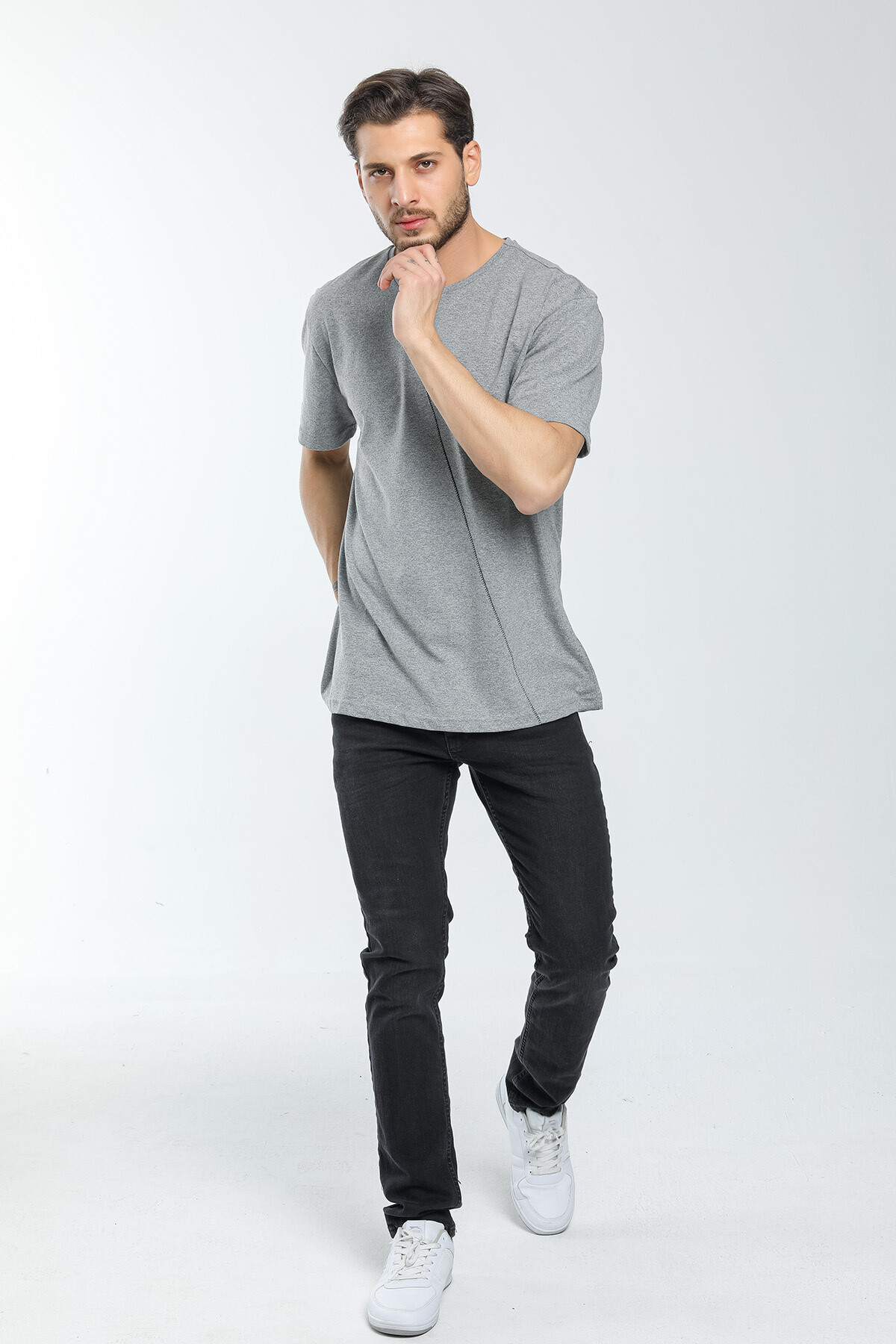Süperlife Erkek Bisiklet Yaka Slim Fit Ön Çöp Dikiş Garni  Tişort SPR21Y01