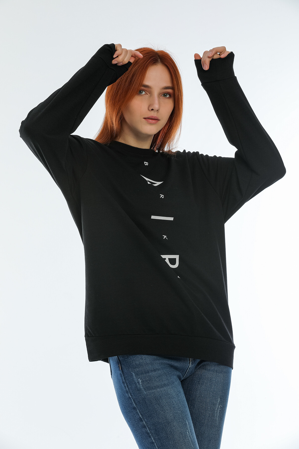 Süperlife Kadın Bisiklet Yaka Oversize Fit Aır Baskılı İnce Sweatshirt SPR22SWK101