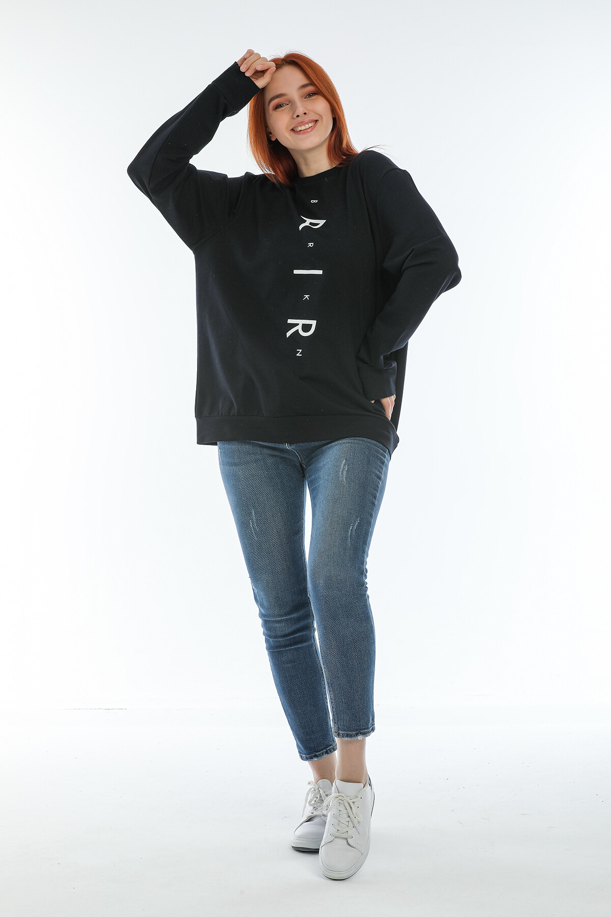 Süperlife Kadın Bisiklet Yaka Oversize Fit Aır Baskılı İnce Sweatshirt SPR22SWK101