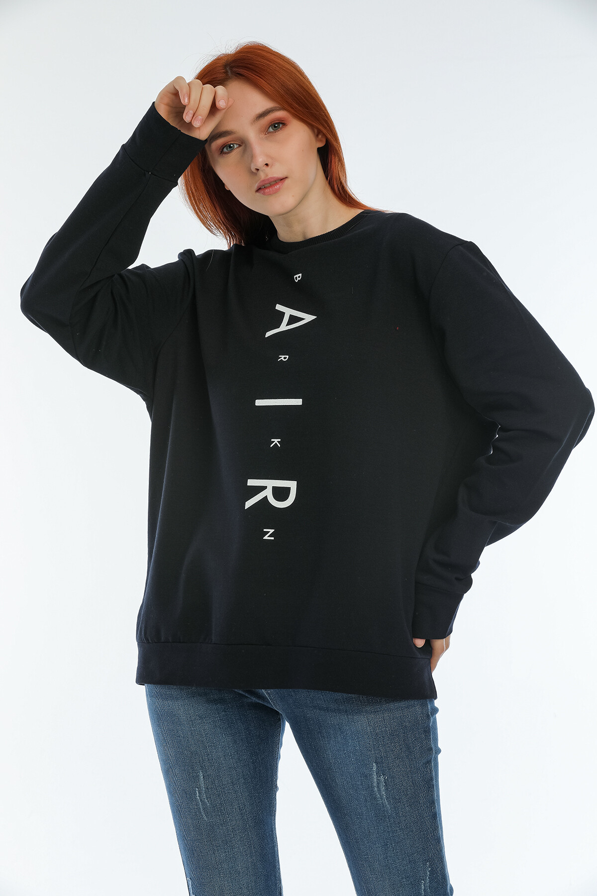 Süperlife Kadın Bisiklet Yaka Oversize Fit Aır Baskılı İnce Sweatshirt SPR22SWK101