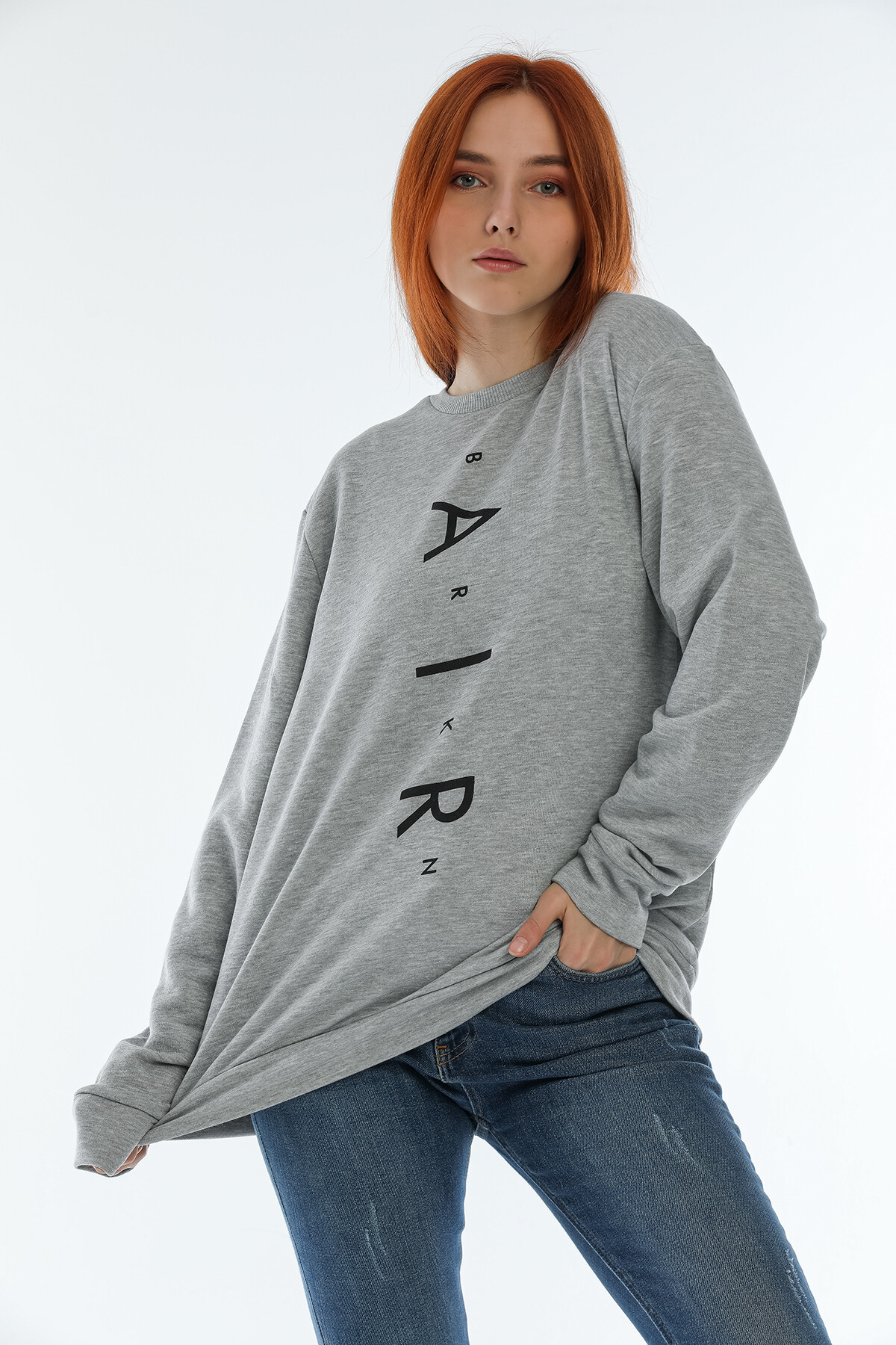 Süperlife Kadın Bisiklet Yaka Oversize Fit Aır Baskılı İnce Sweatshirt SPR22SWK101