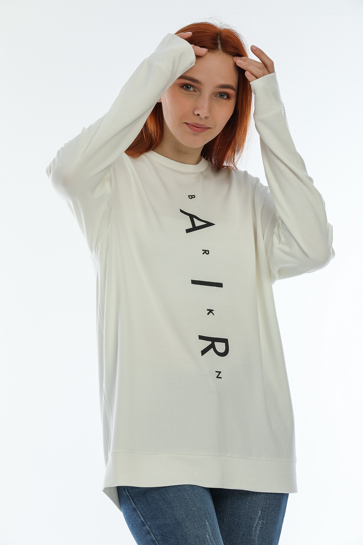 Süperlife Kadın Bisiklet Yaka Oversize Fit Aır Baskılı İnce Sweatshirt SPR22SWK101