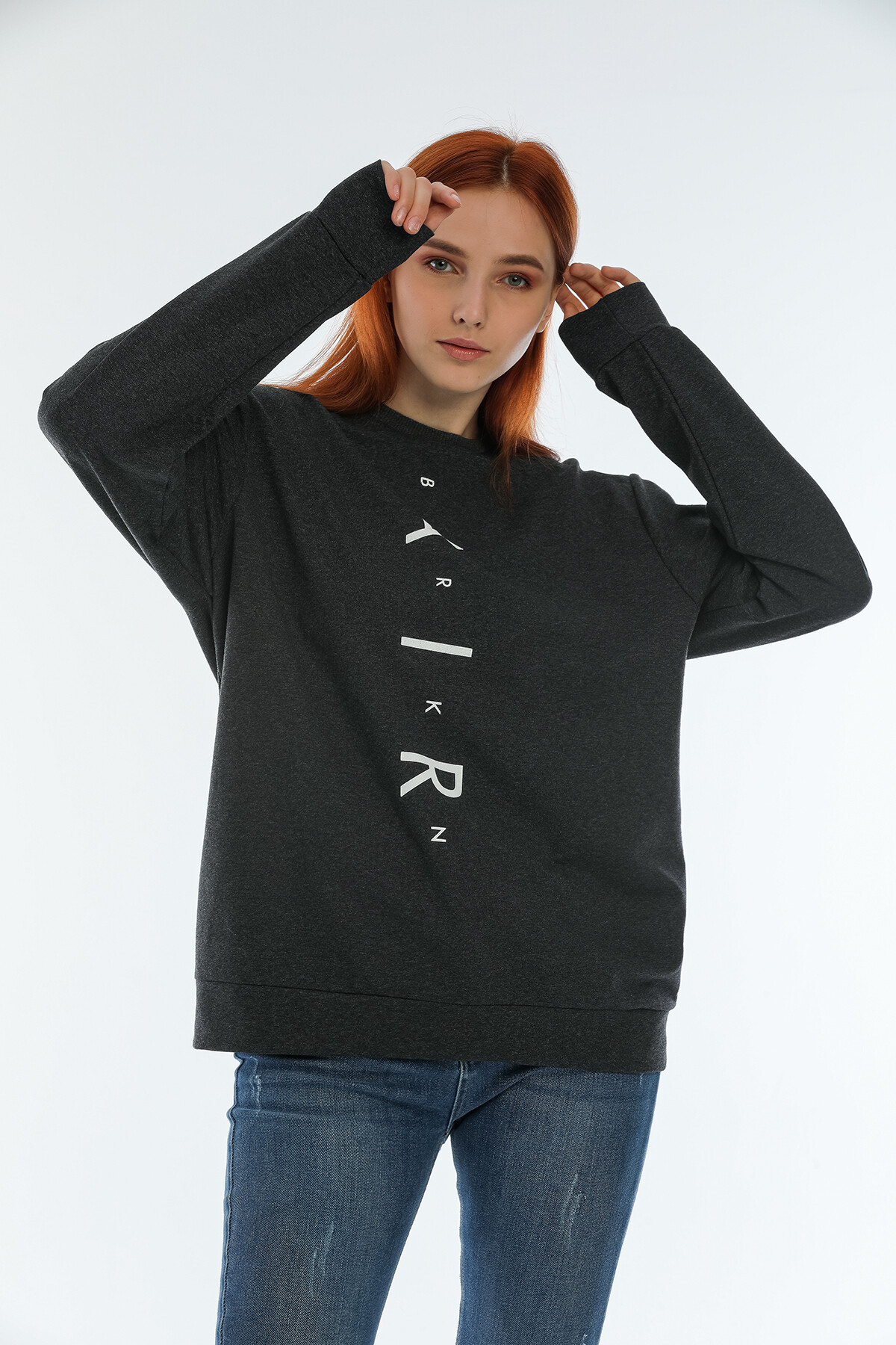 Süperlife Kadın Bisiklet Yaka Oversize Fit Aır Baskılı İnce Sweatshirt SPR22SWK101