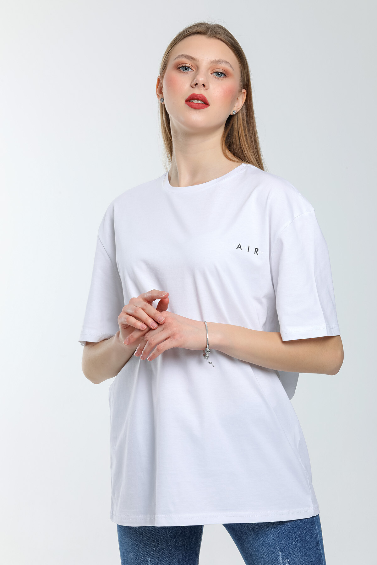 Süperlife Kadın Bisiklet Yaka Regular Fit Baskılı Tişort SPR21YK23