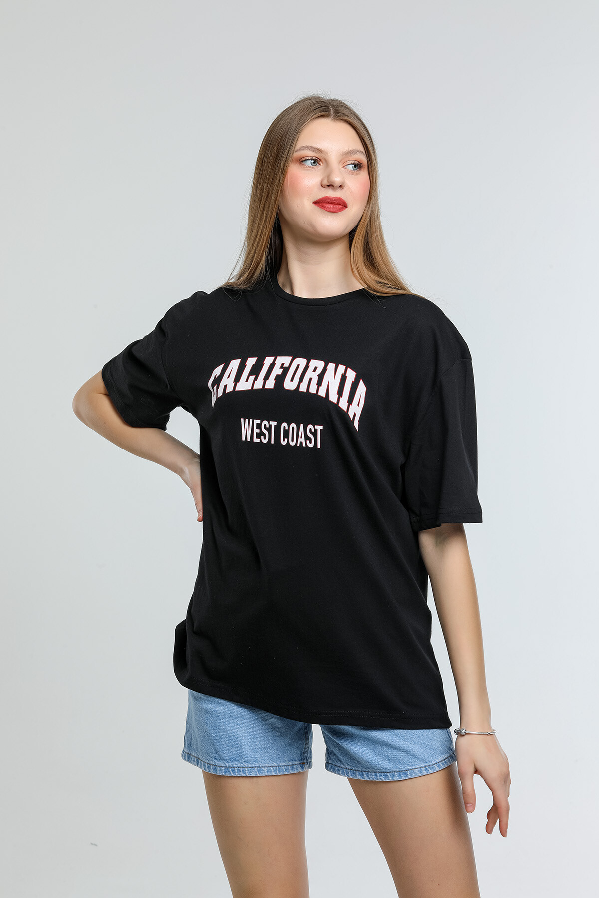 Süperlife Kadın Bisiklet Yaka Regular Fit Californıa Baskılı Tişort SPR21YK22