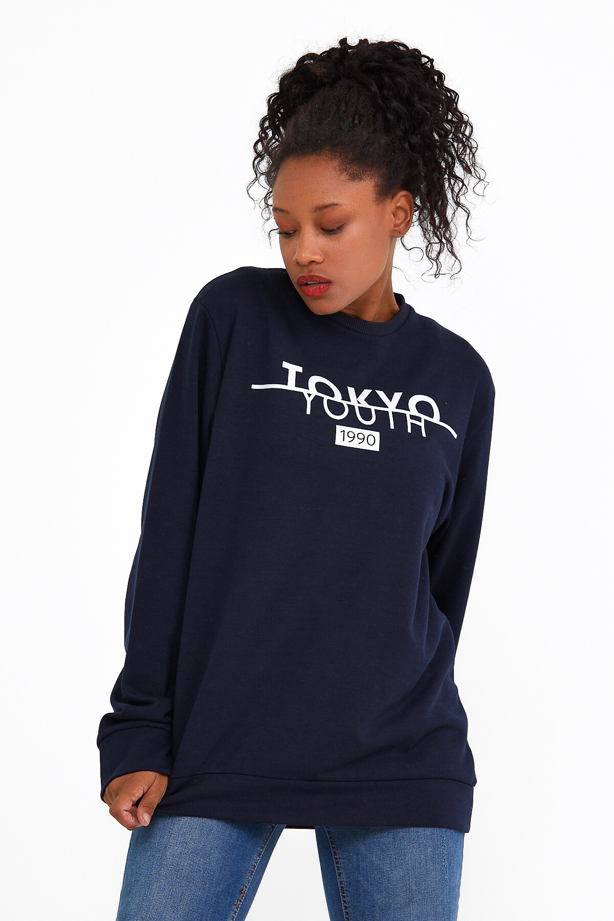 Süperlife Kadın Bisiklet Yaka Regular Fit Tokya Baskılı İnce Sweatshirt SPR22SWK134
