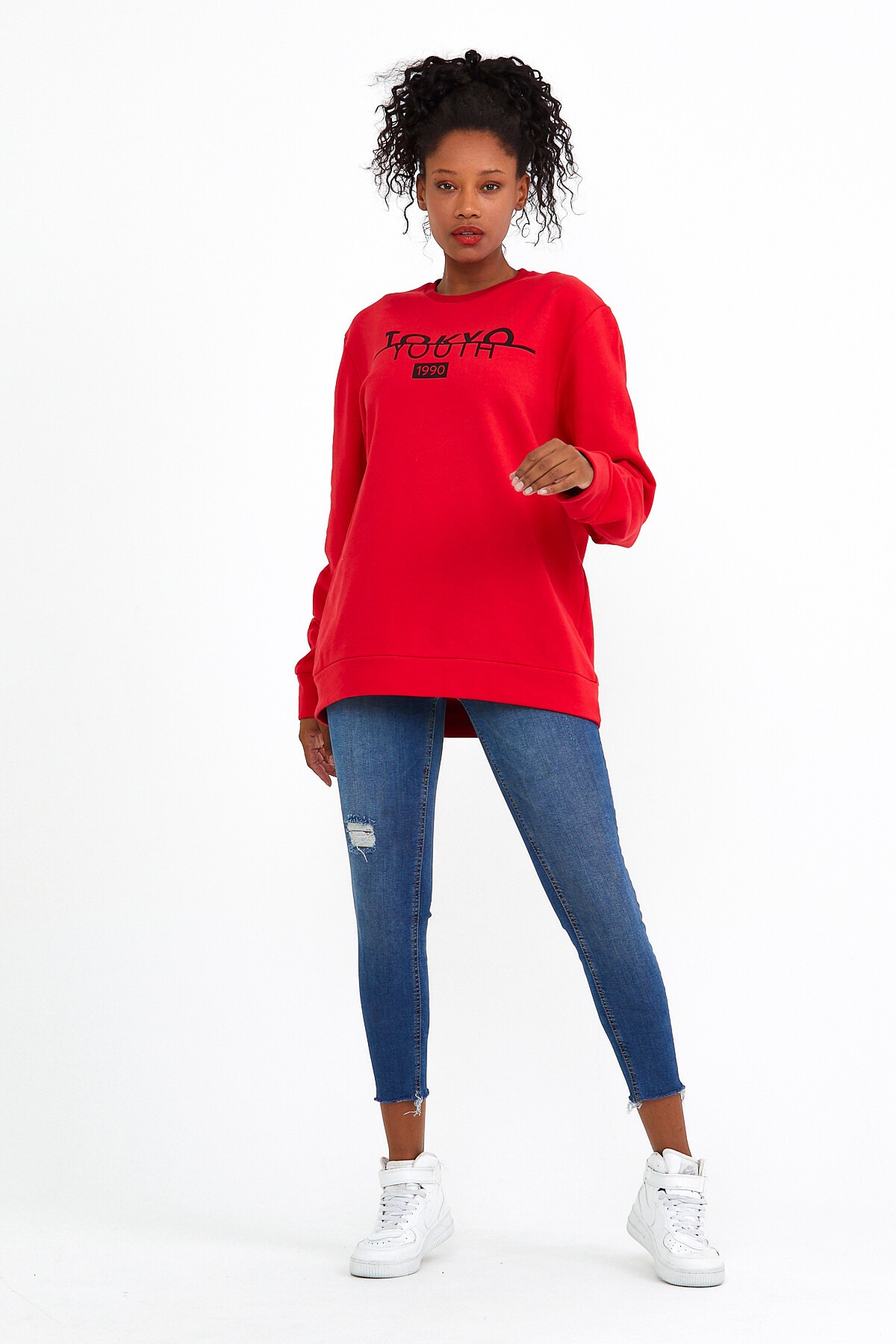 Süperlife Kadın Bisiklet Yaka Regular Fit Tokya Baskılı İnce Sweatshirt SPR22SWK134
