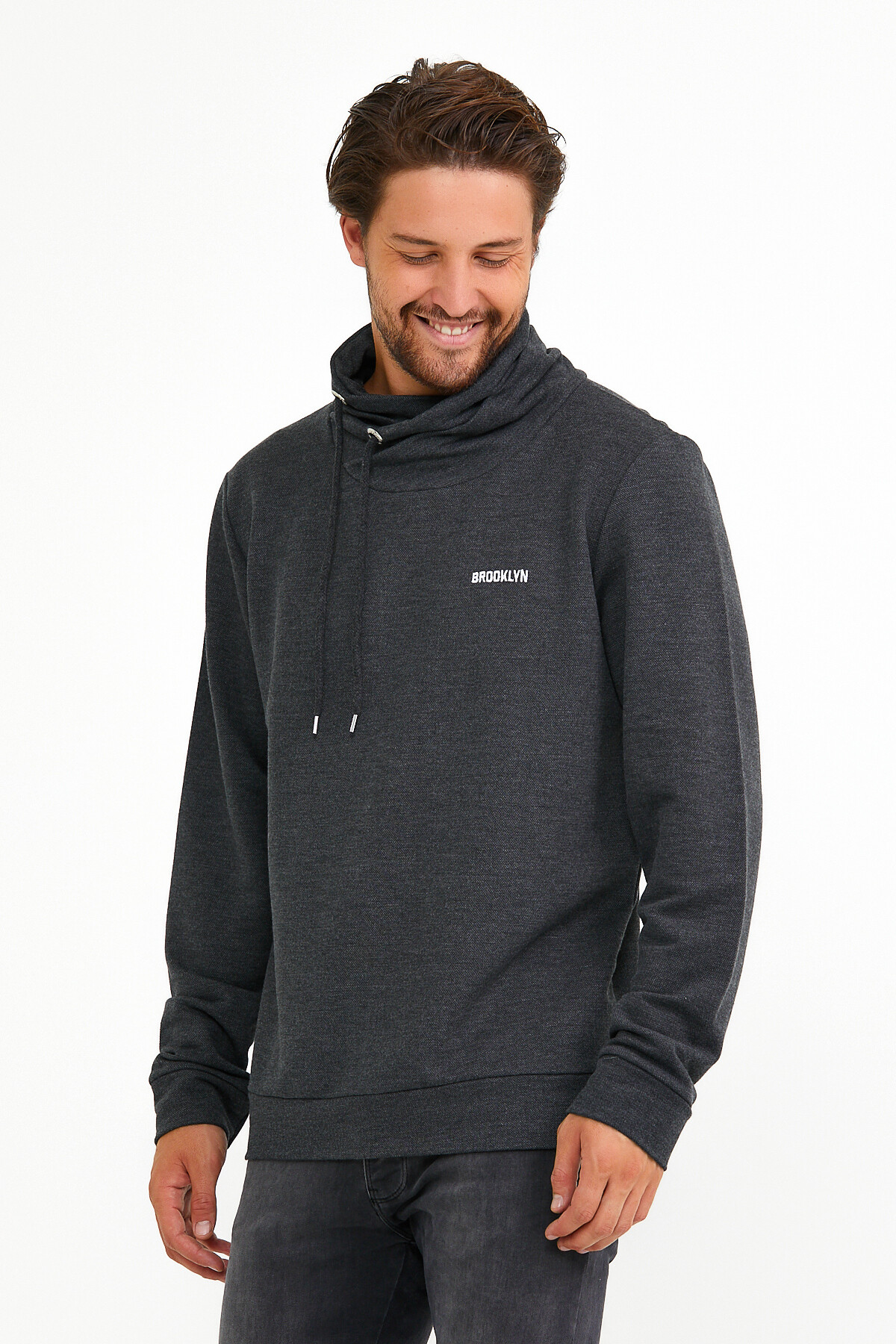 Süperlife Erkek Şal Yaka Regular Fit Brooklyn Baskılı İnce Sweatshirt SPR22SW143