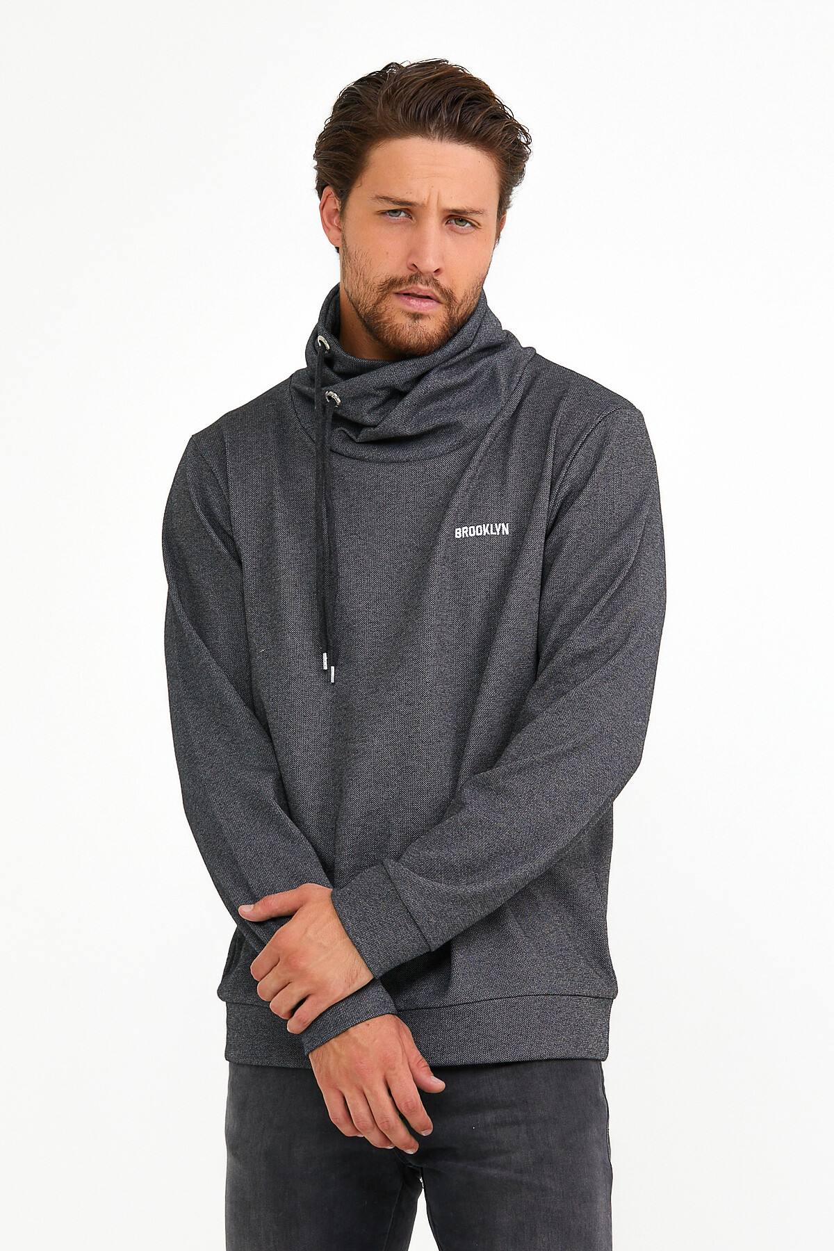 Süperlife Erkek Şal Yaka Regular Fit Brooklyn Baskılı İnce Sweatshirt SPR22SW143