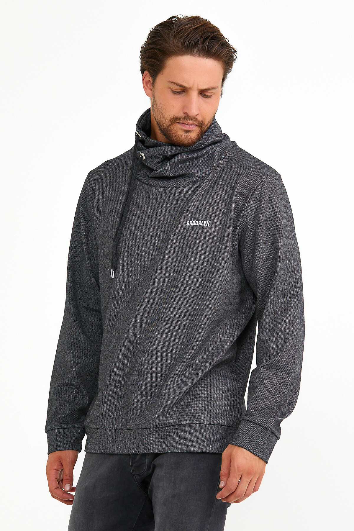 Süperlife Erkek Şal Yaka Regular Fit Brooklyn Baskılı İnce Sweatshirt SPR22SW143