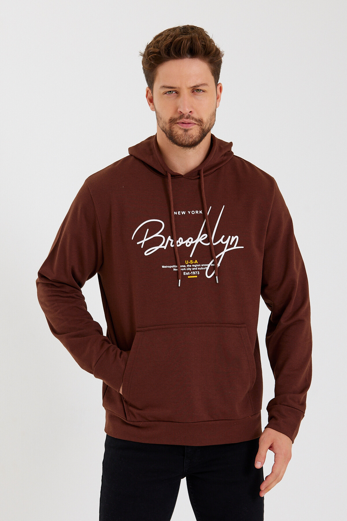 Süperlife Erkek Kapşonlu Regular Fit Brooklyn Baskılı İnce Sweatshirt SPR23SW361