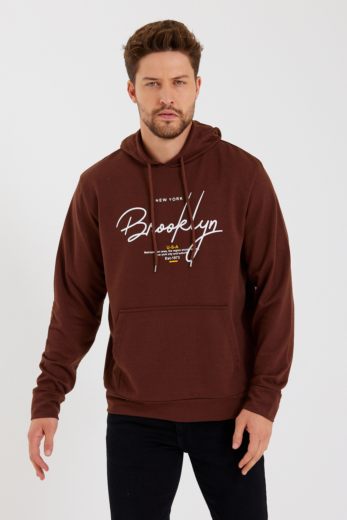 Süperlife Erkek Kapşonlu Regular Fit Brooklyn Baskılı İnce Sweatshirt SPR23SW361