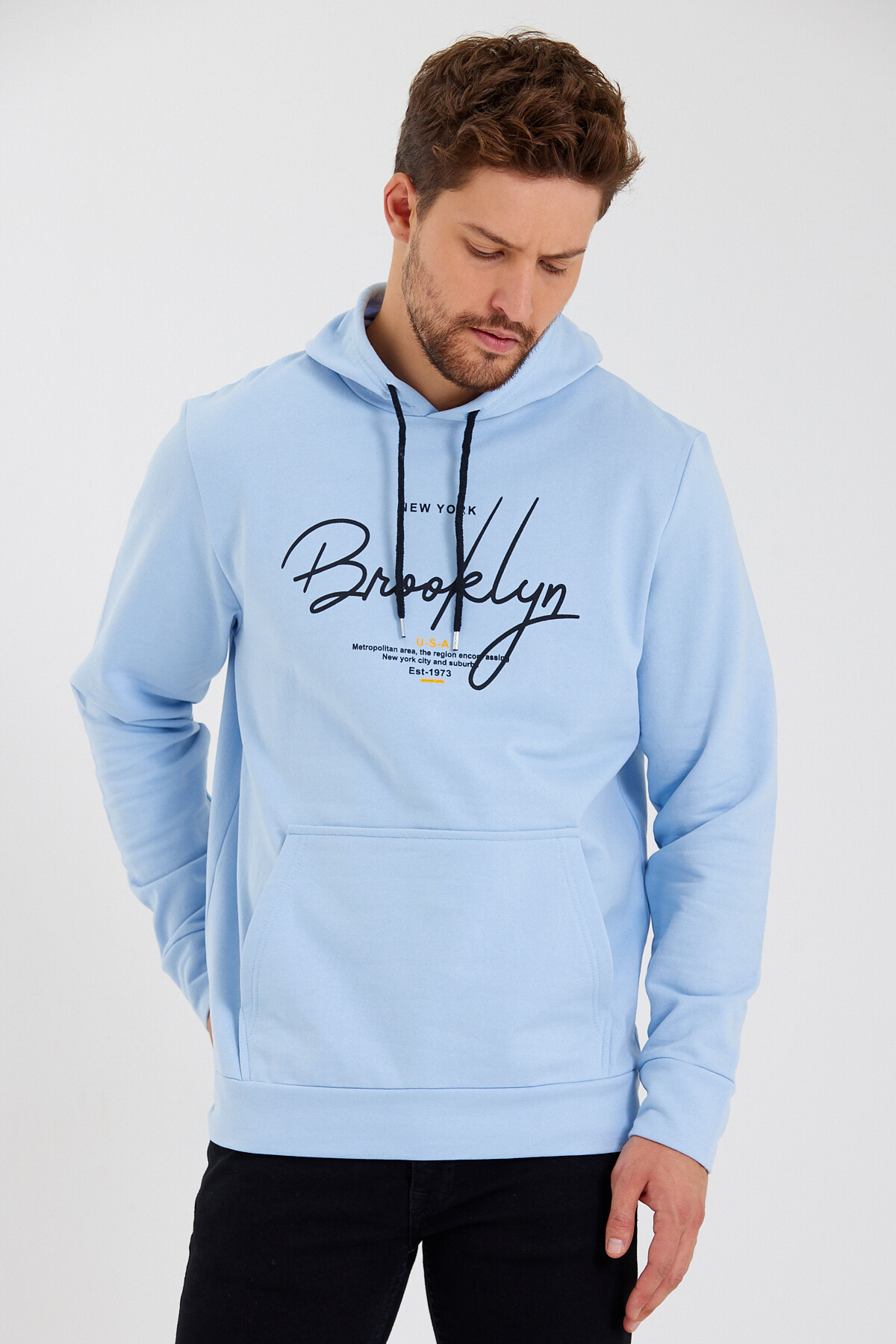 Süperlife Erkek Kapşonlu Regular Fit Brooklyn Baskılı İnce Sweatshirt SPR23SW361