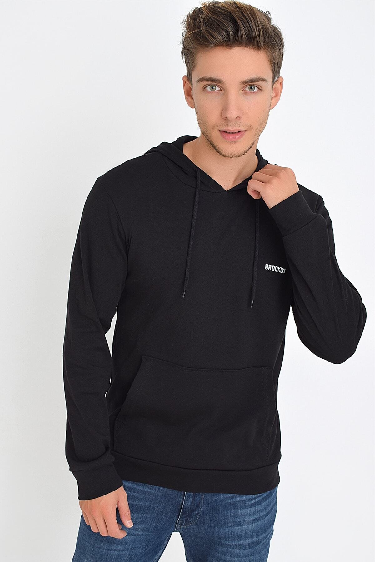 Süperlife Kapşonlu Uzun Kollu Baskılı Dar Kalıp İnce Erkek Sweatshirt 2019K26