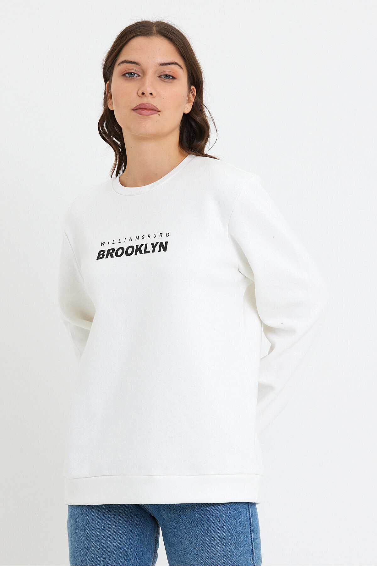 Süperlife Kadın Bisiklet Yaka Oversize Fit Brooklyn Baskılı İnce Sweatshirt SPR23SWK330