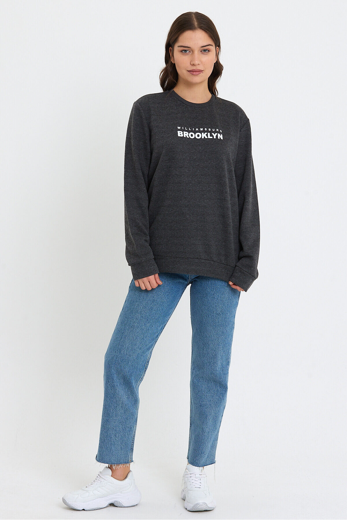 Süperlife Kadın Bisiklet Yaka Oversize Fit Brooklyn Baskılı İnce Sweatshirt SPR23SWK330