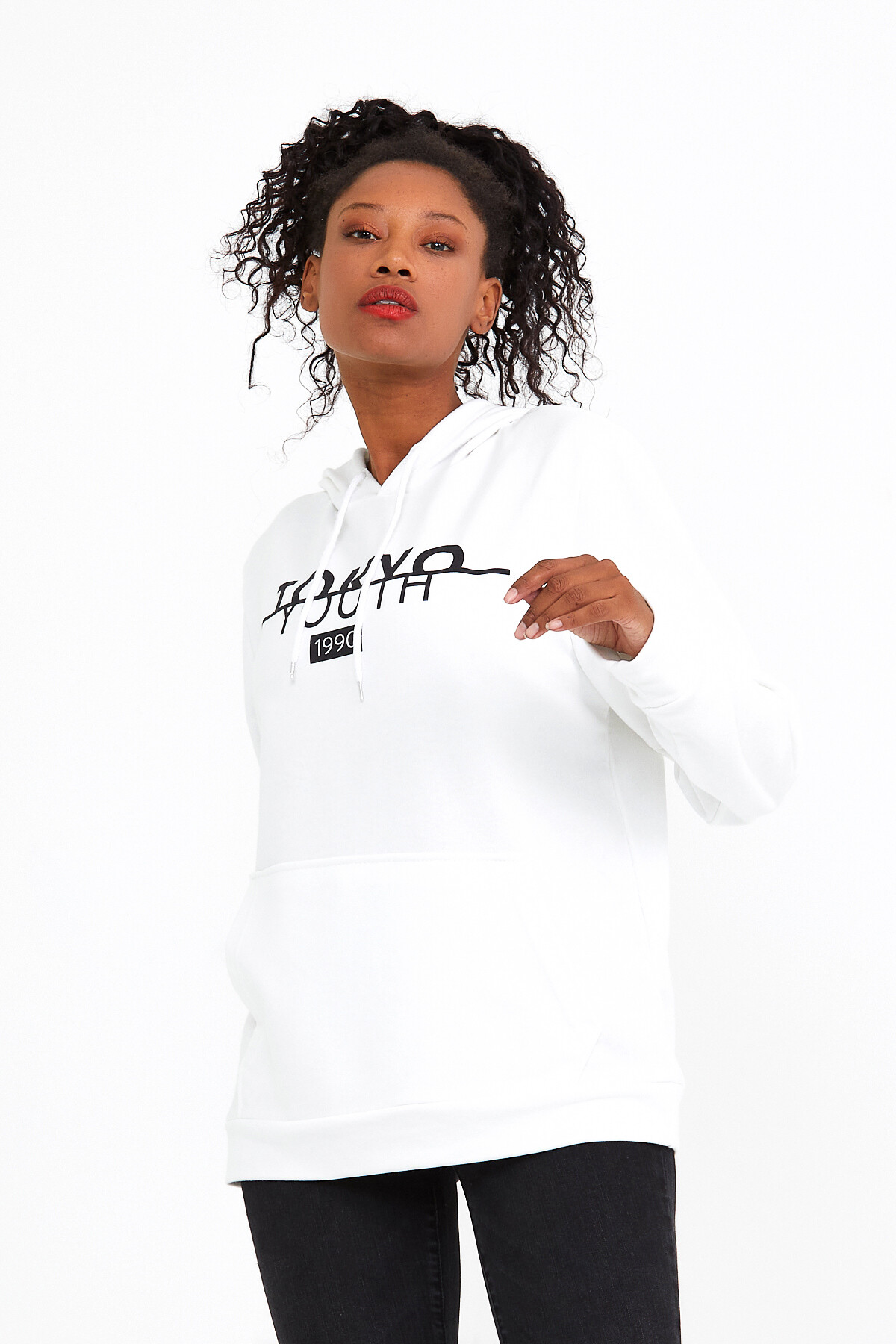 Süperlife Kadın Kapşonlu Regular Fit Tokya Baskılı İnce Sweatshirt SPR22SWK164