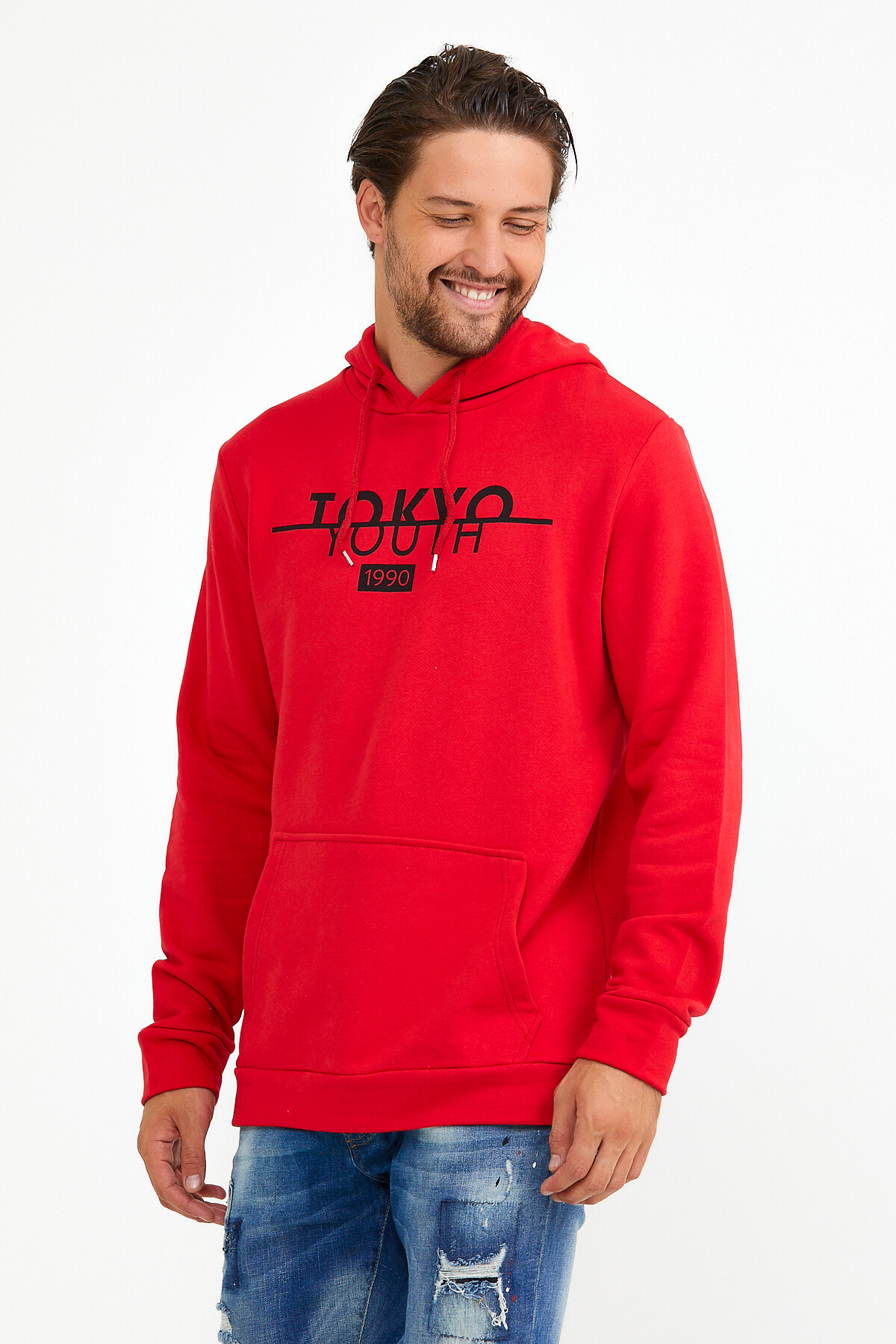 Süperlife Erkek Kapşonlu Regular Fit Tokyo Baskılı İnce Sweatshirt SPR22SW164