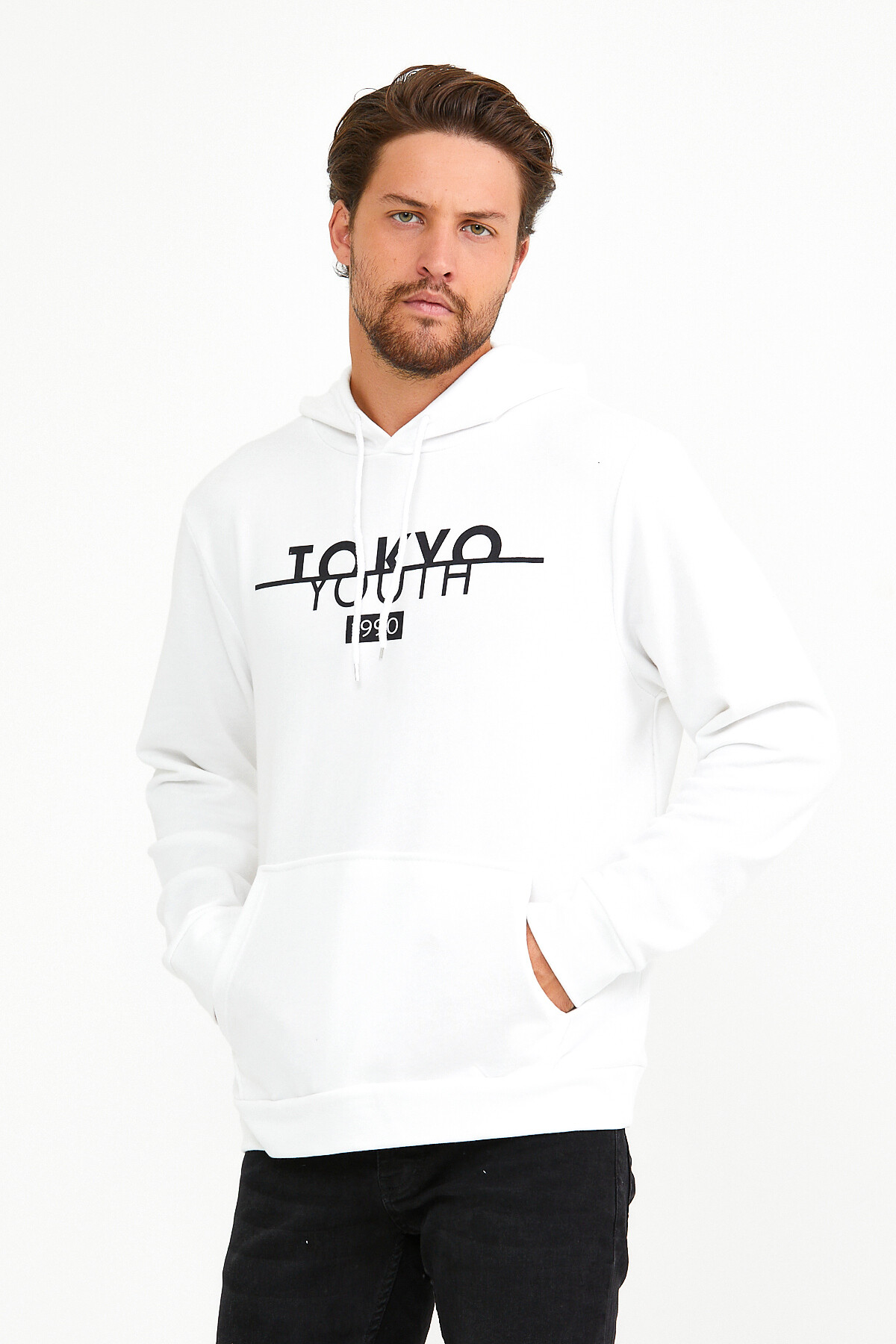 Süperlife Erkek Kapşonlu Regular Fit Tokyo Baskılı İnce Sweatshirt SPR22SW164