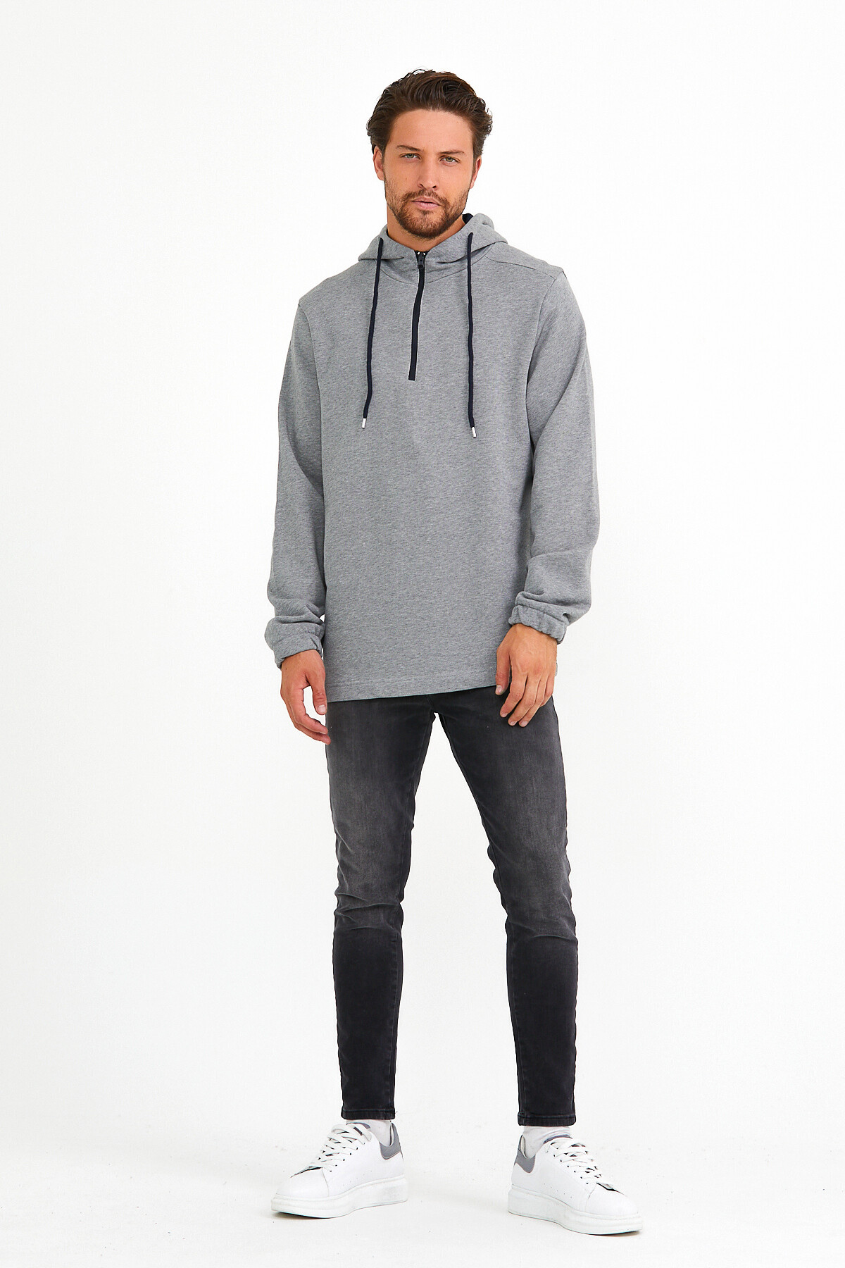Süperlife Erkek Kapşonlu Regular Fit Yarım Fermuarlı İnce Sweatshirt SPR22SW170