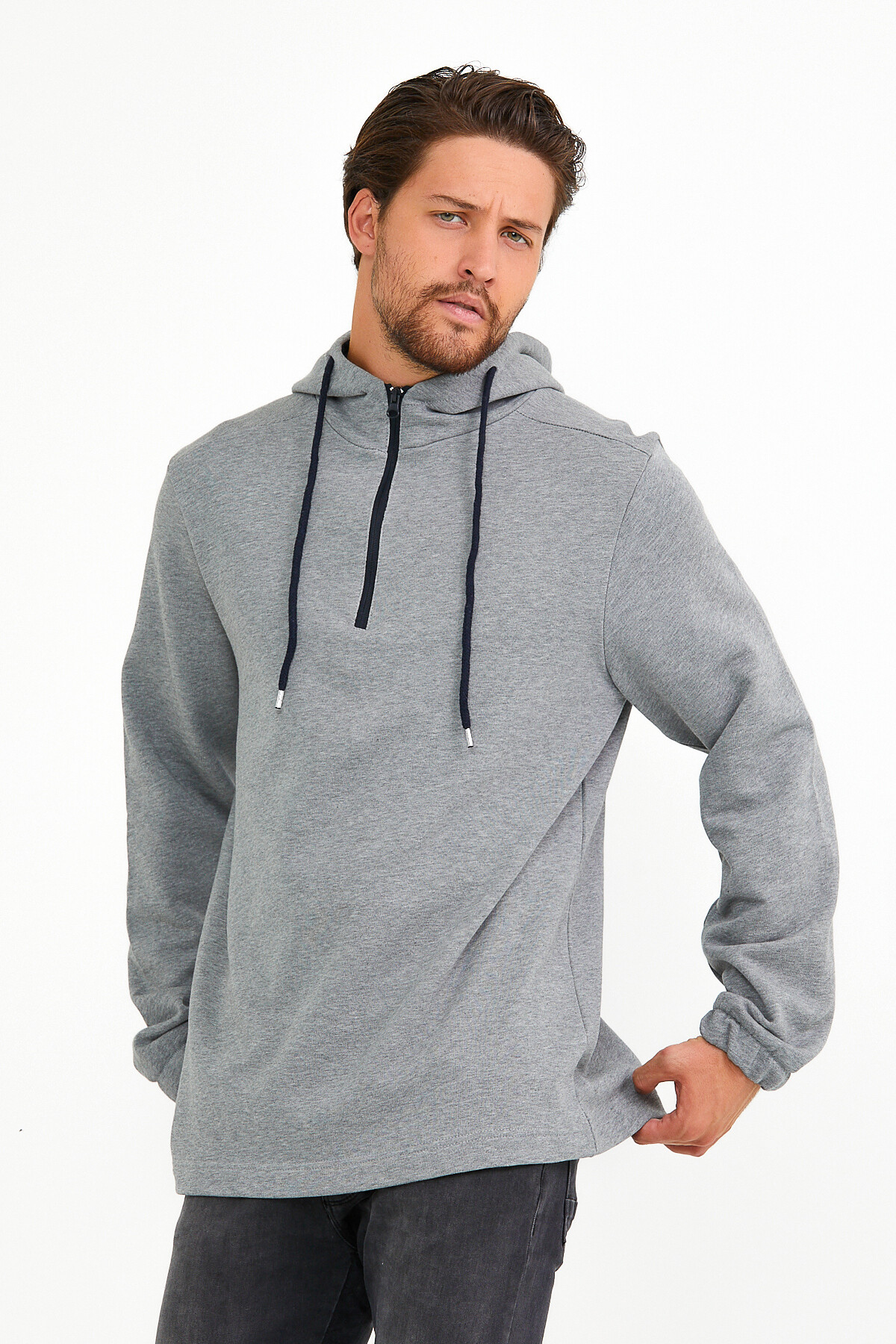 Süperlife Erkek Kapşonlu Regular Fit Yarım Fermuarlı İnce Sweatshirt SPR22SW170