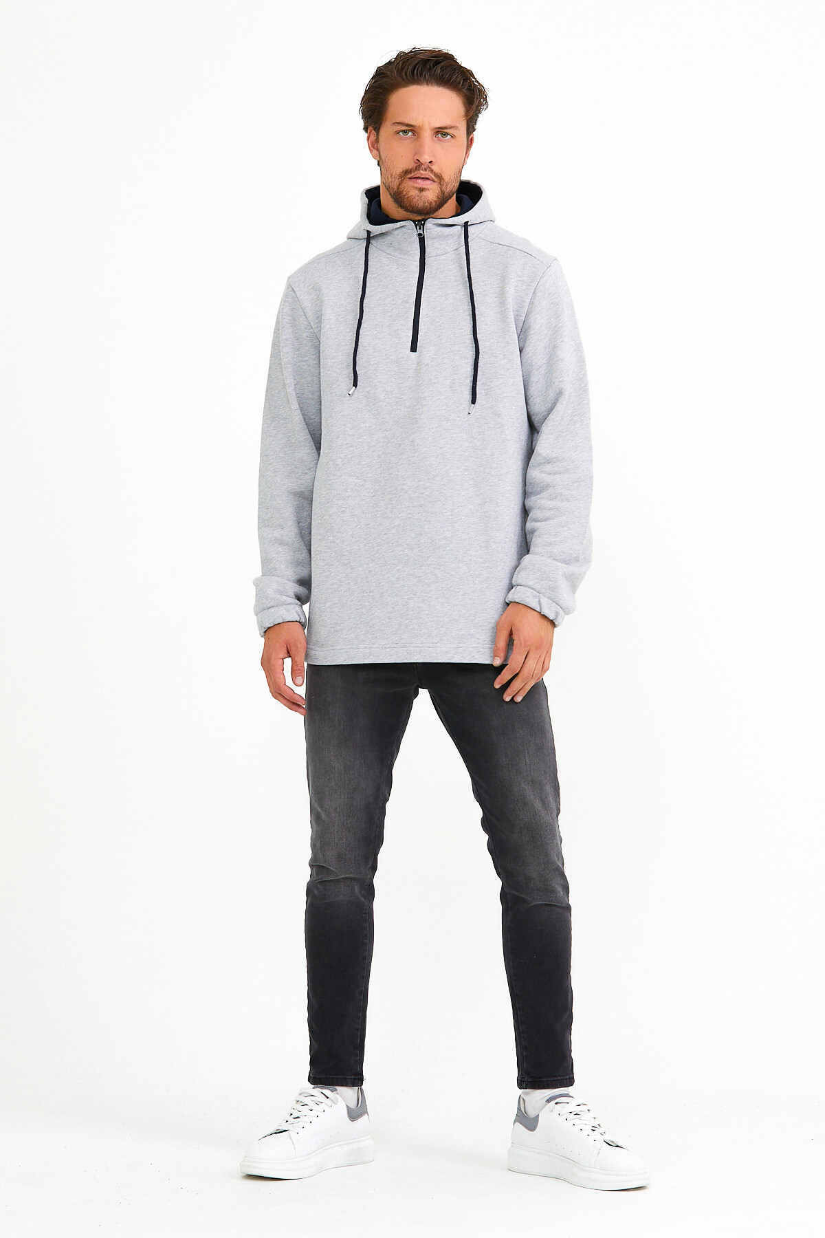 Süperlife Erkek Kapşonlu Regular Fit Yarım Fermuarlı İnce Sweatshirt SPR22SW170