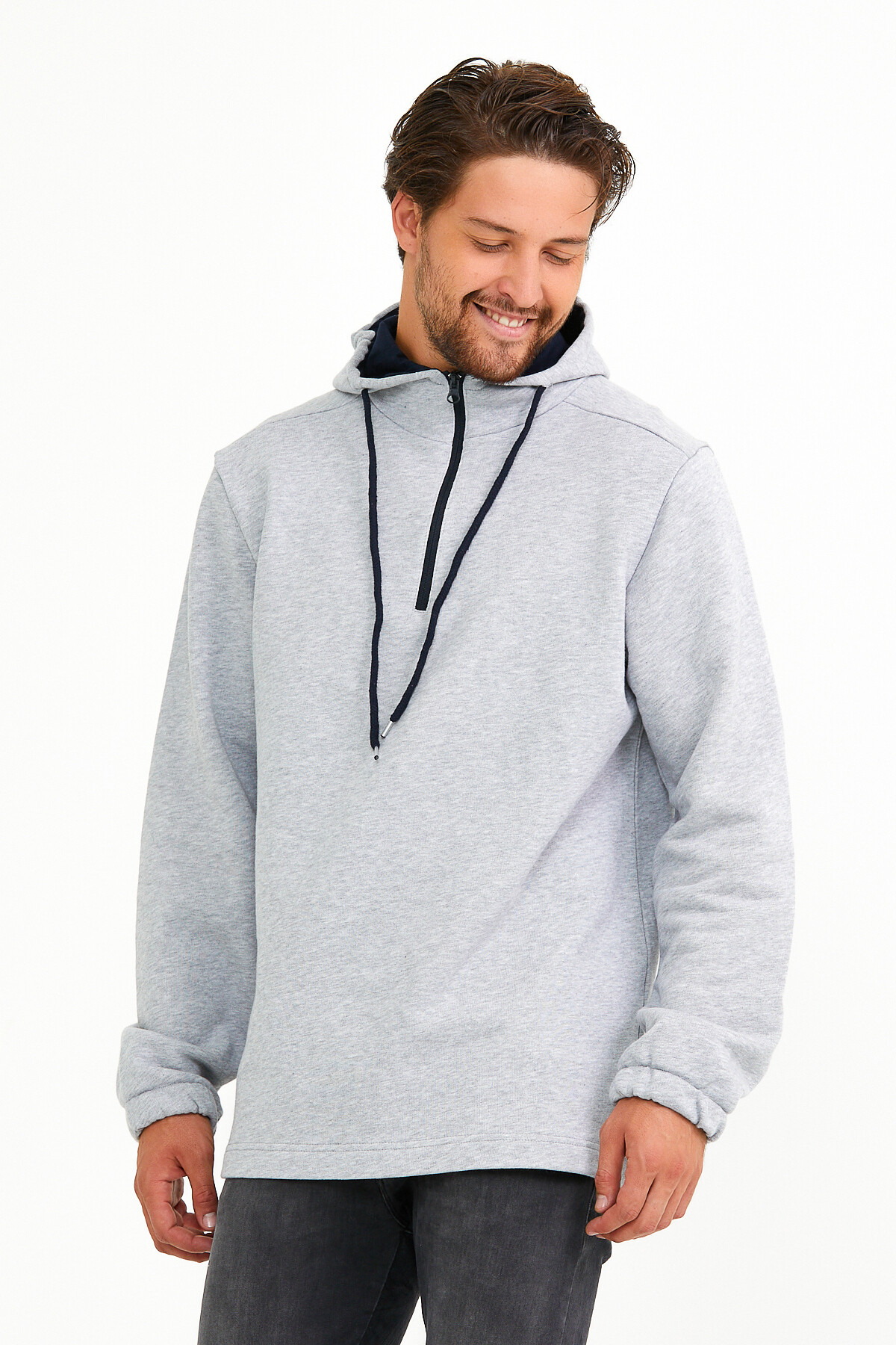 Süperlife Erkek Kapşonlu Regular Fit Yarım Fermuarlı İnce Sweatshirt SPR22SW170