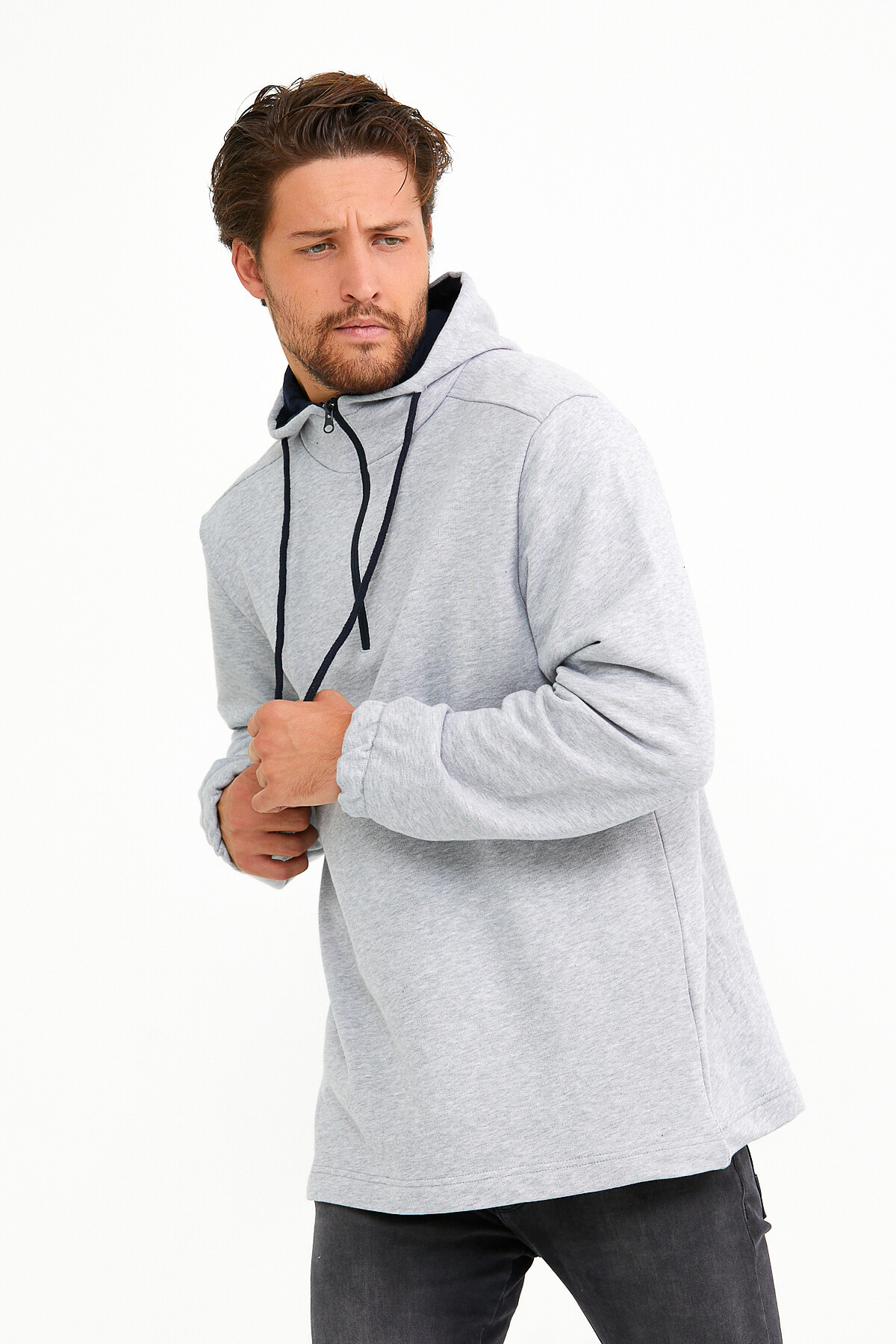 Süperlife Erkek Kapşonlu Regular Fit Yarım Fermuarlı İnce Sweatshirt SPR22SW170