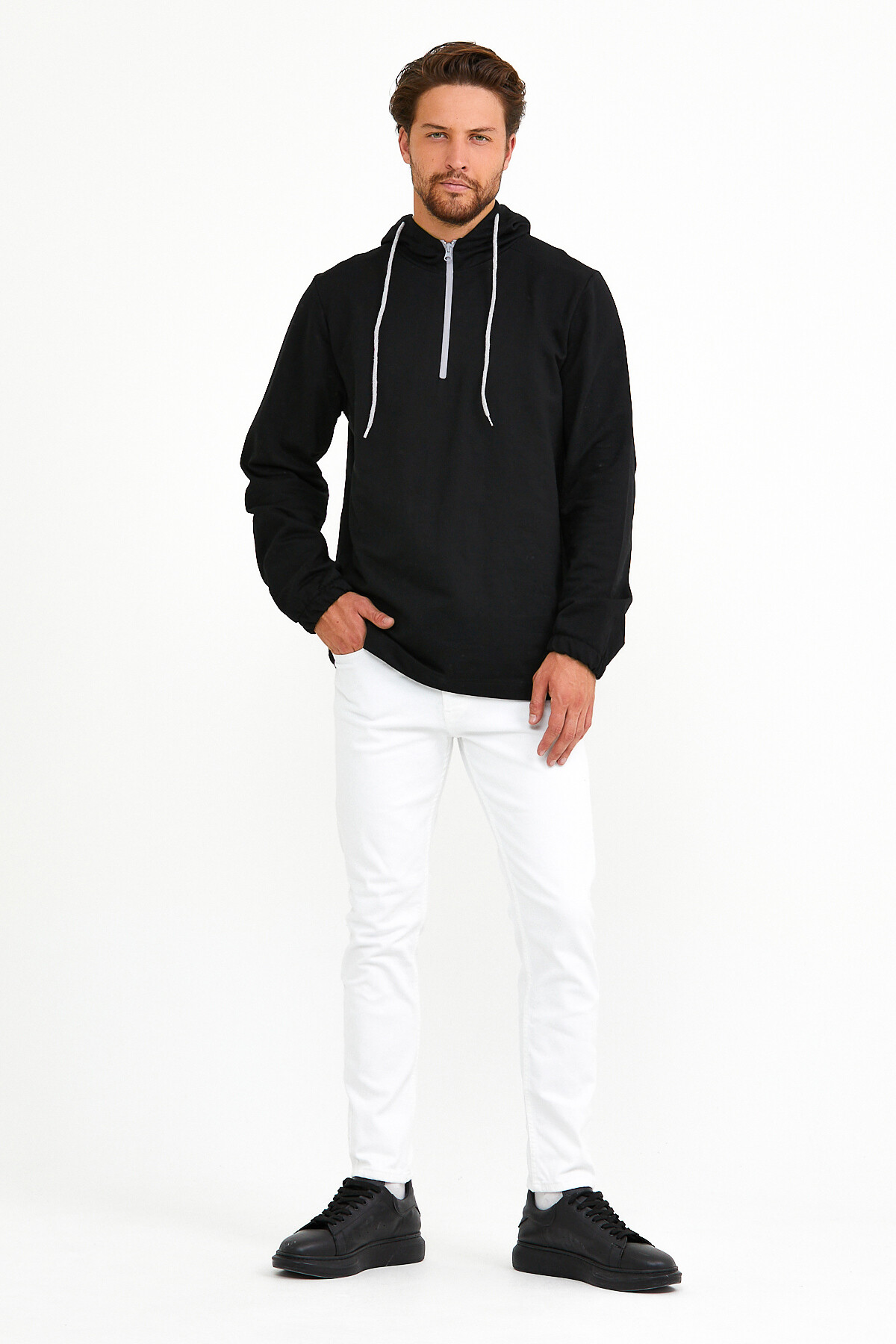 Süperlife Erkek Kapşonlu Regular Fit Yarım Fermuarlı İnce Sweatshirt SPR22SW170