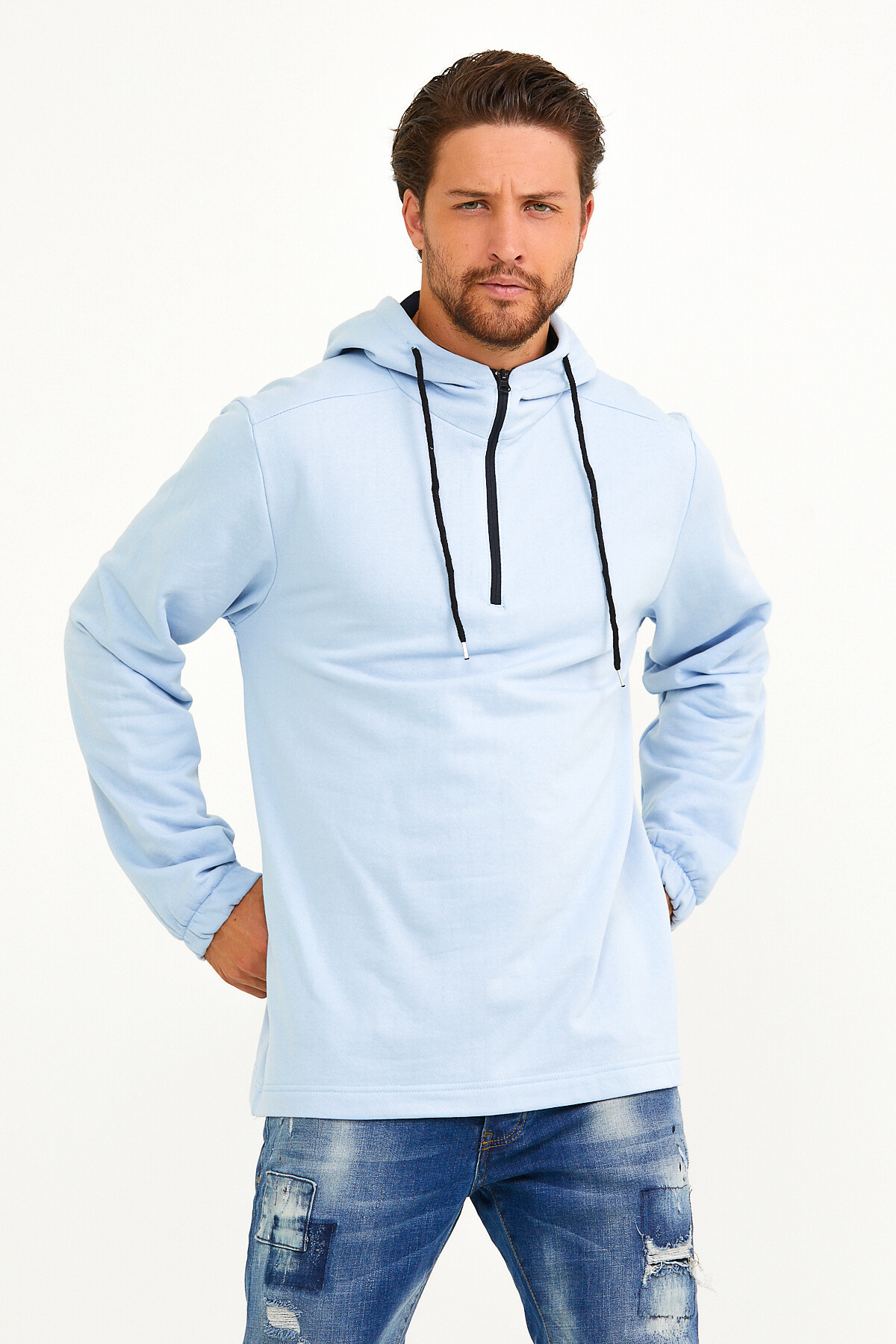 Süperlife Erkek Kapşonlu Regular Fit Yarım Fermuarlı İnce Sweatshirt SPR22SW170